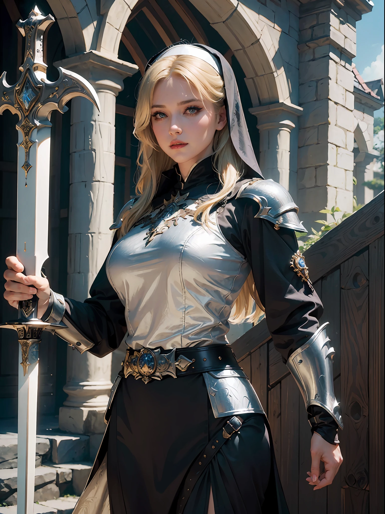 (masterpiece:1.2), (best quality:1.2), perfect eyes, perfect face, volumetric lighting, 1girl, mature female warrior nun, MILF, armor, robe, blonde hair, pauldron, sword, belt, stern expression, fantasy, outdoor, detailed background, makeup, lipstick, eyeshadow, mascara, thick eyelashes
