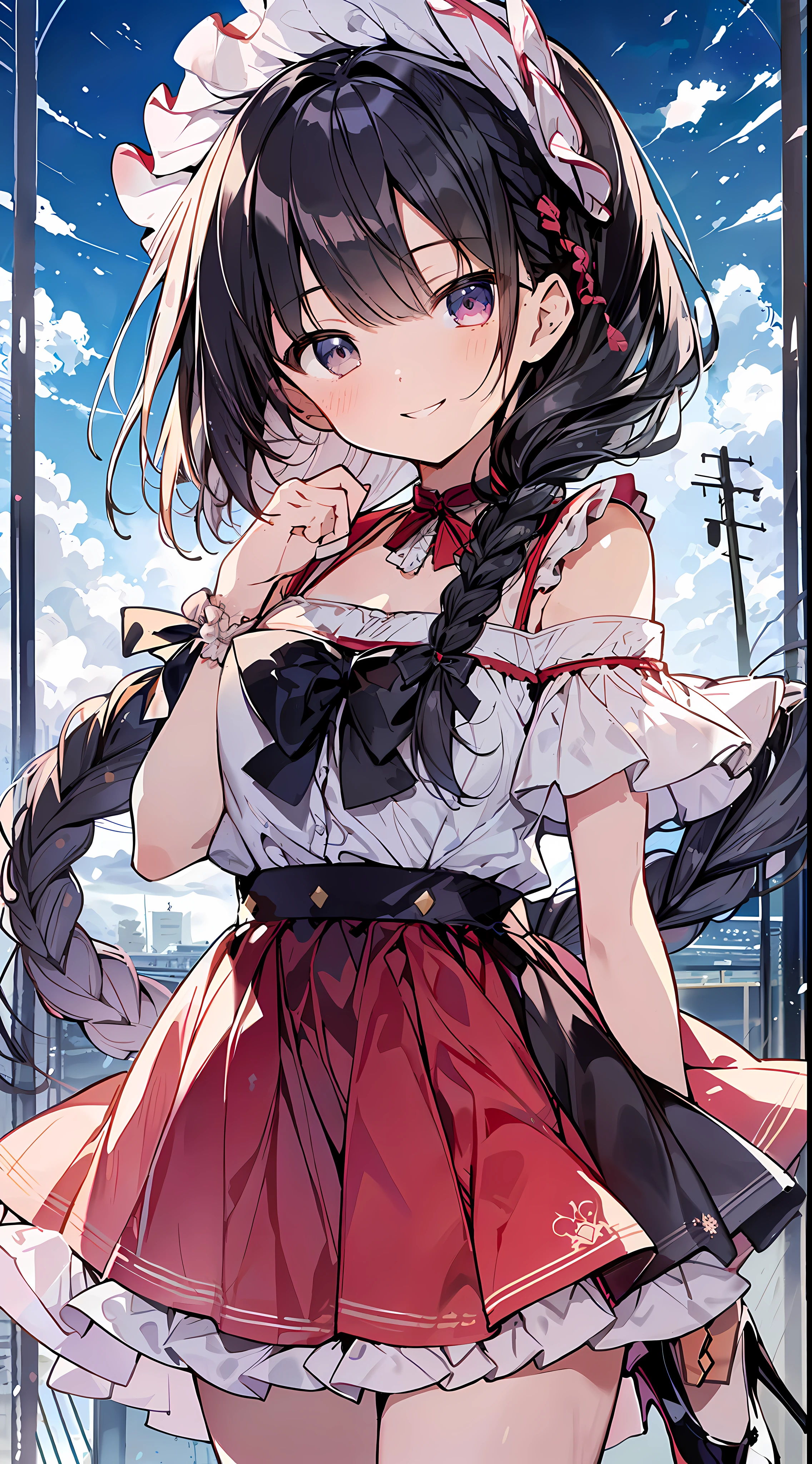 Top Quality, Masterpiece, Ultra High Definition, 8K, Summer Sky, Early Summer, (((Red Ruffle Tops, White Skirts, High Heels)), Shojo Manga Style , Single, Soft Line Art, Digital Enhancement, Shojo Manga Touch, Shojo Manga Core, Flowing Fabric, Close Up, (Hair length and short braid to the shoulders)), wet hair, staring at us from the front, soft drawing, Beautiful black hair, clear eyes, ((teasing smile)), ultra-detailed digital anime art, clear face depiction, ultra-detailed shojo manga character art, ultra-detailed manga style, top quality colors, hand gestures, landscape with nature, looking up at the sky, angle that can see up to your feet