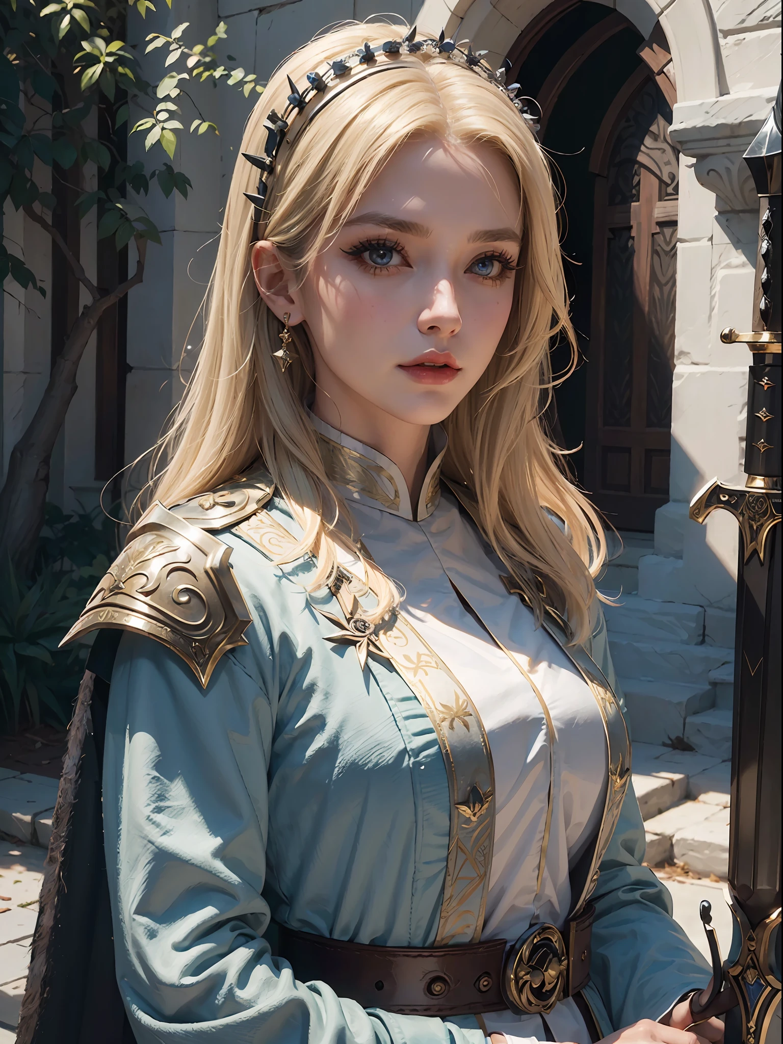 (masterpiece:1.2), (best quality:1.2), perfect eyes, perfect face, volumetric lighting, 1girl, mature female warrior nun, MILF, armor, robe, blonde hair, pauldron, sword, belt, stern expression, fantasy, outdoor, detailed background, makeup, lipstick, eyeshadow, mascara, thick eyelashes
