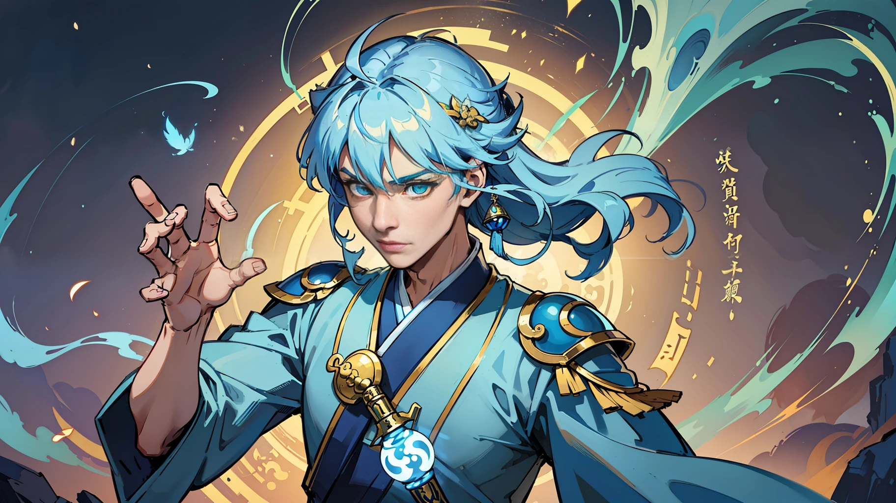 Mysterious Taoist Image, Magical Ability, Flight Transformation, Spiritual Light Sensing, Men, Light Blue Taoist Robe: 1.2, Bright and Wise Eyes, Antique Style, Chinese Style: 1.1, Taoist Costume, A Sword on the Back, (Masterpiece, Best Quality, Shocking Work) --auto --s2