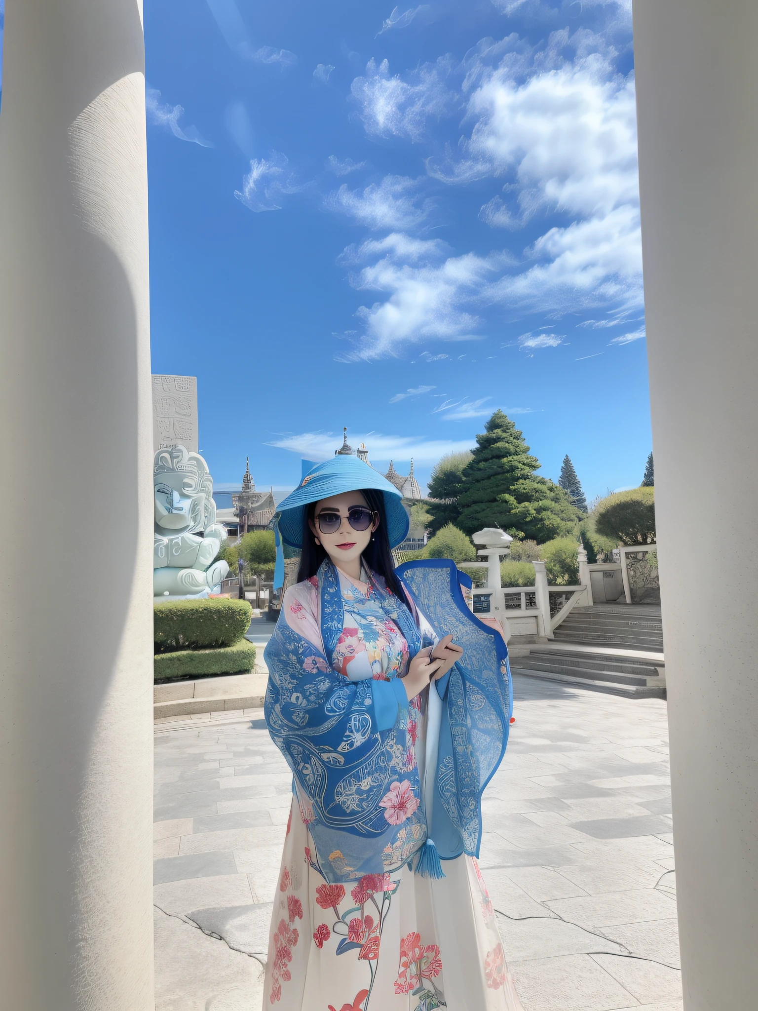 araffe woman in a blue hat and scarf standing in a courtyard, in front of a temple, wearing a travel hat, on a bright day, sunglasses and a scarf, taken on iphone 14 pro, in front of the temple,  in a temple, standing in a buddhist temple, wearing sunglasses and a hat