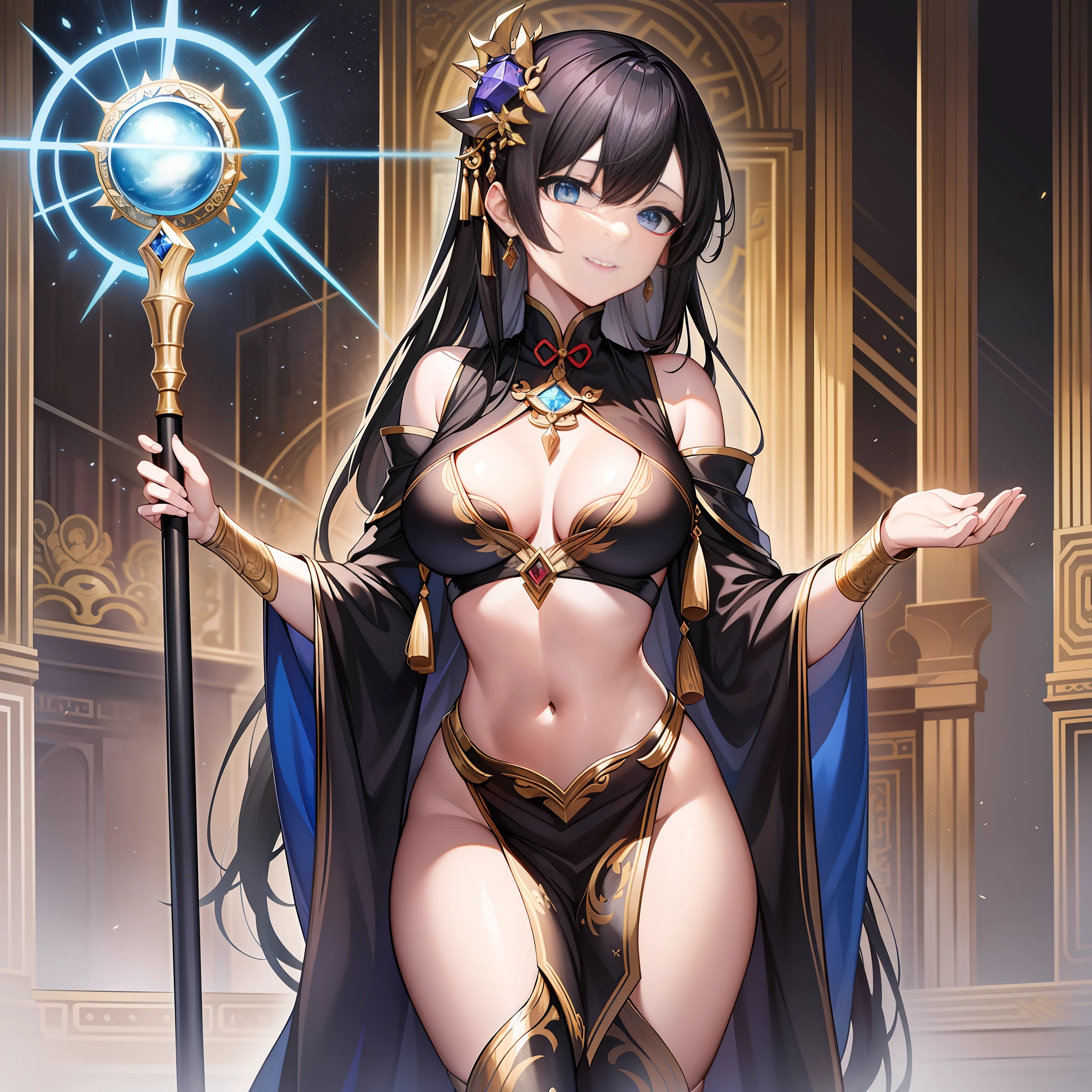 A black-haired female emperor wearing a Daoist robe appeared. Her robe is black, embroidered with golden patterns, shining with an ineffable mysterious aura. She stood there, her face cold and haughty, which made people involuntarily feel a feeling of inviolability.
Her eyes are deep and wise, as if she is penetrating everything in the world. Her figure is majestic and elegant, exuding a sacred atmosphere, which makes people stand and admire. The corners of her lips were slightly upturned, with a cold and proud smile, which made people involuntarily feel that she exuded a power that dominated everything.
Her voice is cold and gentle, with a magic that shakes the heart. Her words seem to have a latent power that can make people realize their own smallness and powerlessness in an instant. She held a black staff in her hand, and the tip of the staff shone with a cold blue light, symbolizing the powerful magic power on her body.
The whole person exudes a mysterious and proud temperament, as if she came from another world. Her presence gives an incredible feeling, as if the most beautiful and powerful women in the world have gathered on her.