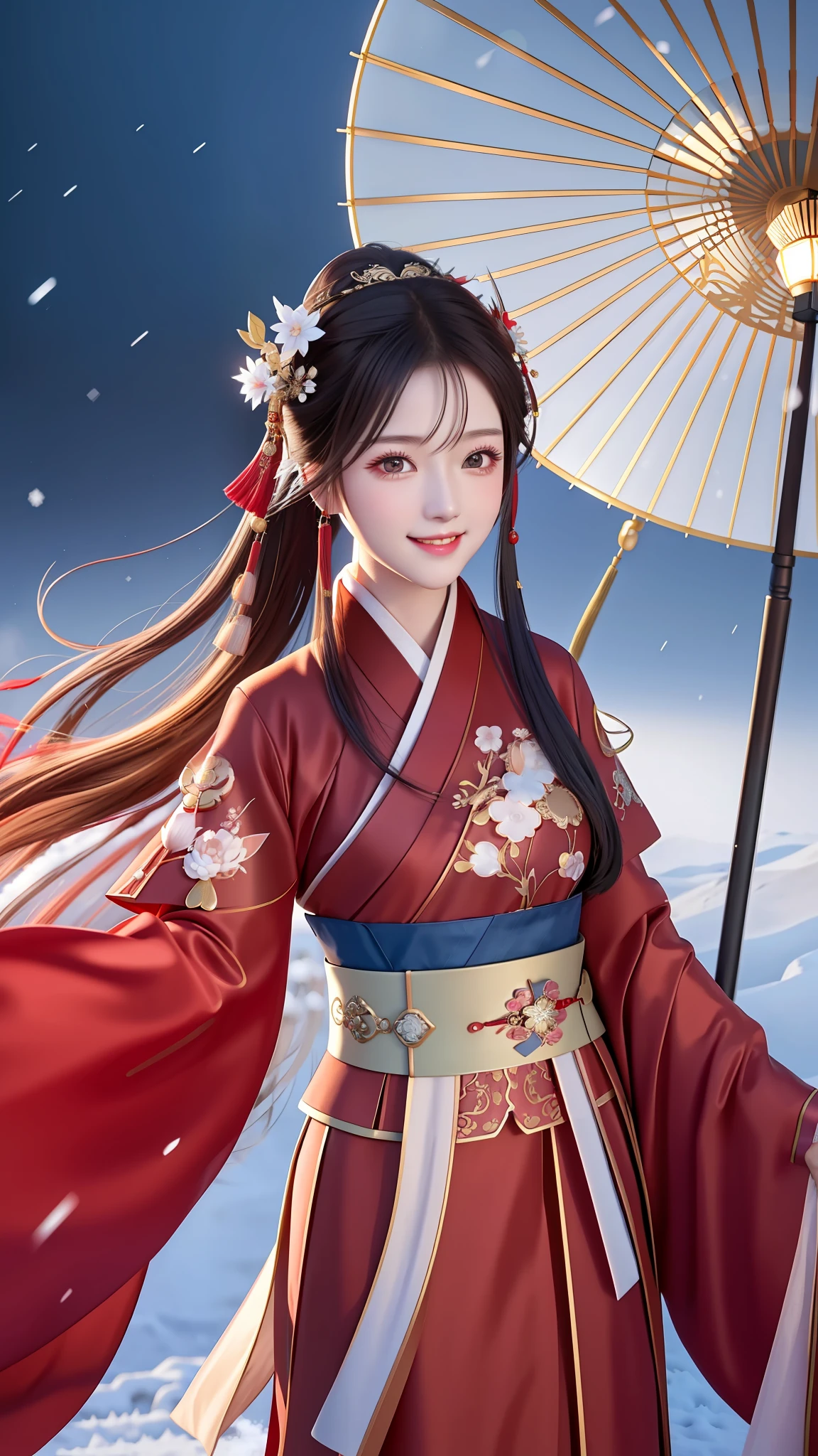 High resolution, 1girl, (glamorous smile: 0.8), Chinese Hanfu, red Hanfu, hair accessories, snow, beauty, ultra-high-definition pictures, complex and detailed light, shadow and refraction, exquisite and high-quality atmospheric lighting, Octane rendering engine, focus Clear, high contrast, high resolution, cinematic concept photography