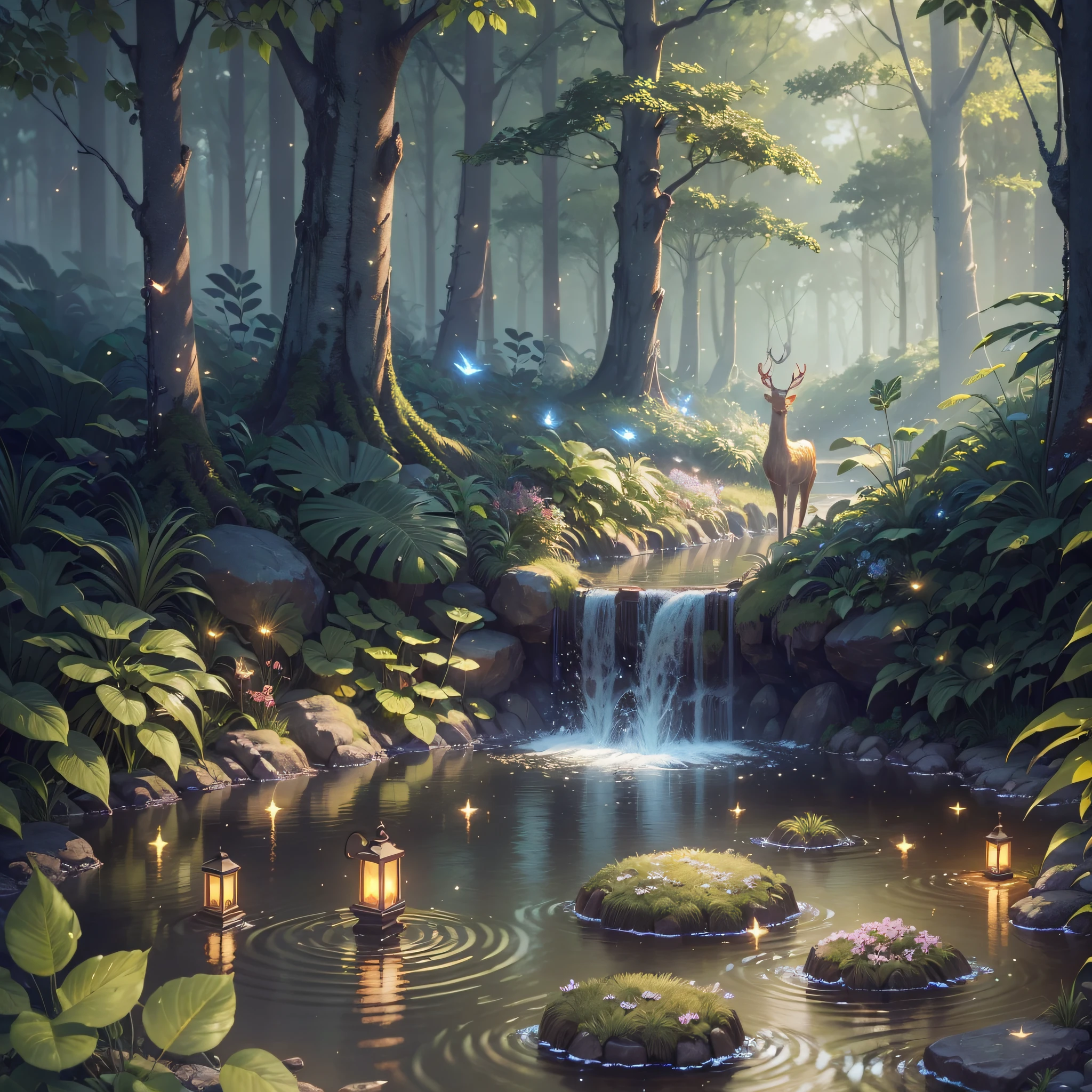 Masterpiece, best quality, (very detailed CG unity 8k wallpaper), (best quality), (best illustration), (best shadows), glow sprite, with a glowing deer, in the swimming pool Drinking water, natural elements in the forest theme. Mysterious forest, beautiful forest, nature, surrounded by flowers, delicate leaves and branches surrounded by fireflies (natural elements), (jungle theme), (leaves), (twigs), (fireflies), (particle effects) etc. 3D , Octane rendering, ray tracing, super detailed --auto --s2