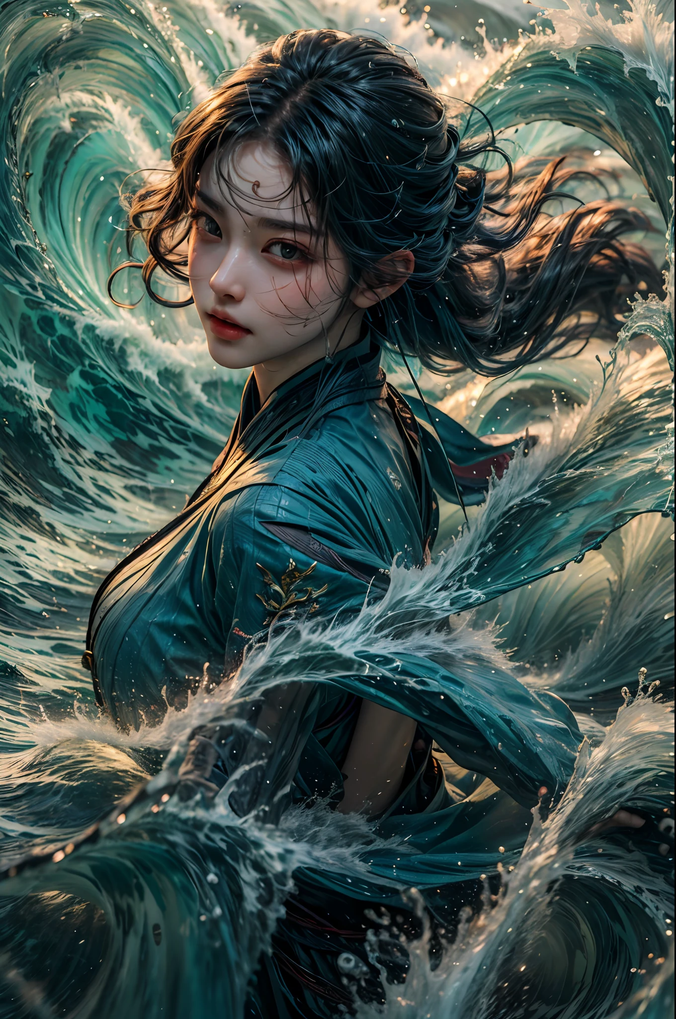 Best quality,masterpiece,ultra high res,1girl,beautiful_face,detailed skin, yushui，water，waves，.