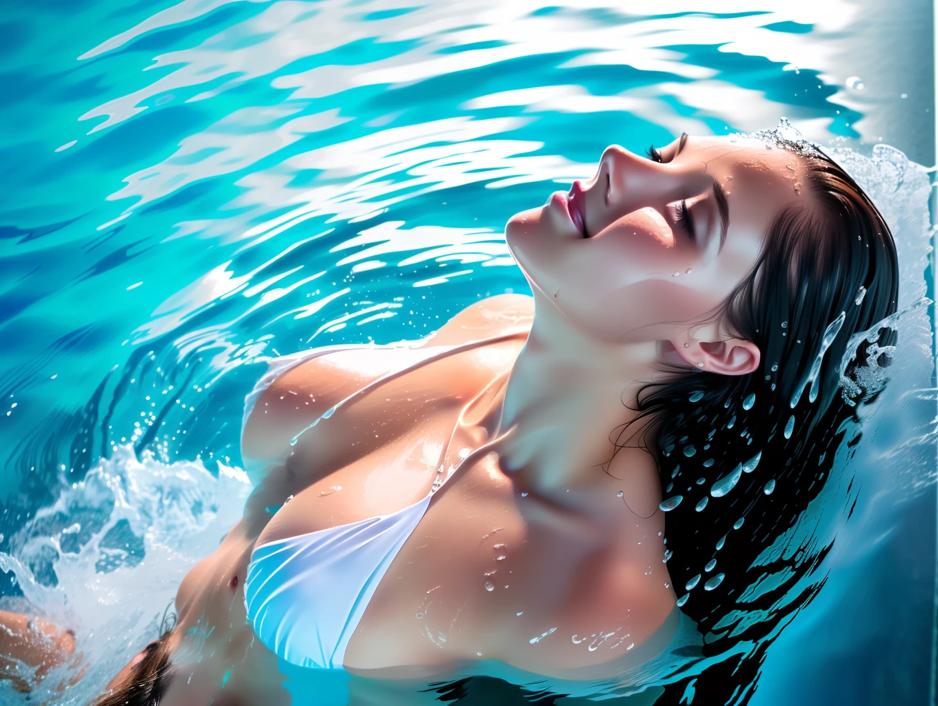 High angle shot photo, High angle view from above, Ultra detailed photo of face of beautiful woman, rise from water, water up to her shoulder, the pool, looking to the camera, high angle view, high angle shot, long hair, splashing waters and water drops around her, hyper realistic, photorealistic, chiaroscuro, high angle view, woman in pool, splashing waters