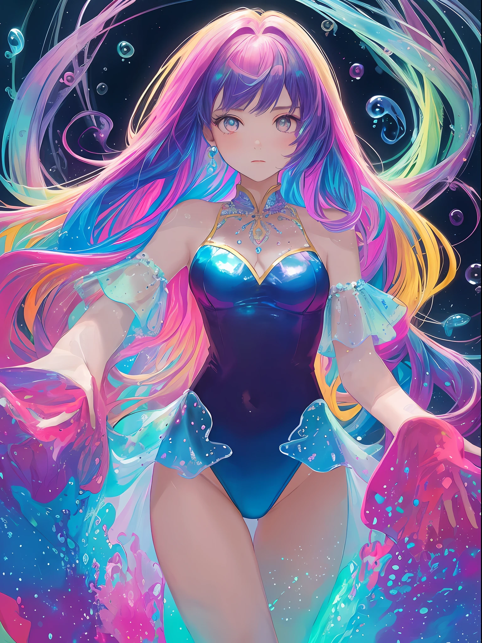 (Masterpiece, Best Quality, Best Quality, Official Art, Beautiful and Aesthetic: 1.2), (1 Girl: 1.3), (Fractal Art: 1.3), Disney, Colorful Fairy, Dotted Pattern, Upper Body, Side, Watching Viewer, Pattern, (Iridescent Hair, Colorful Hair: 1.2), Long Hair, (A lot of soap bubbles, various sizes, various colors, very colorful, luminous, floating) night, luminous girls, bare shoulders,very colorful leotards,polka-dot leotards,),bewitching, look at me