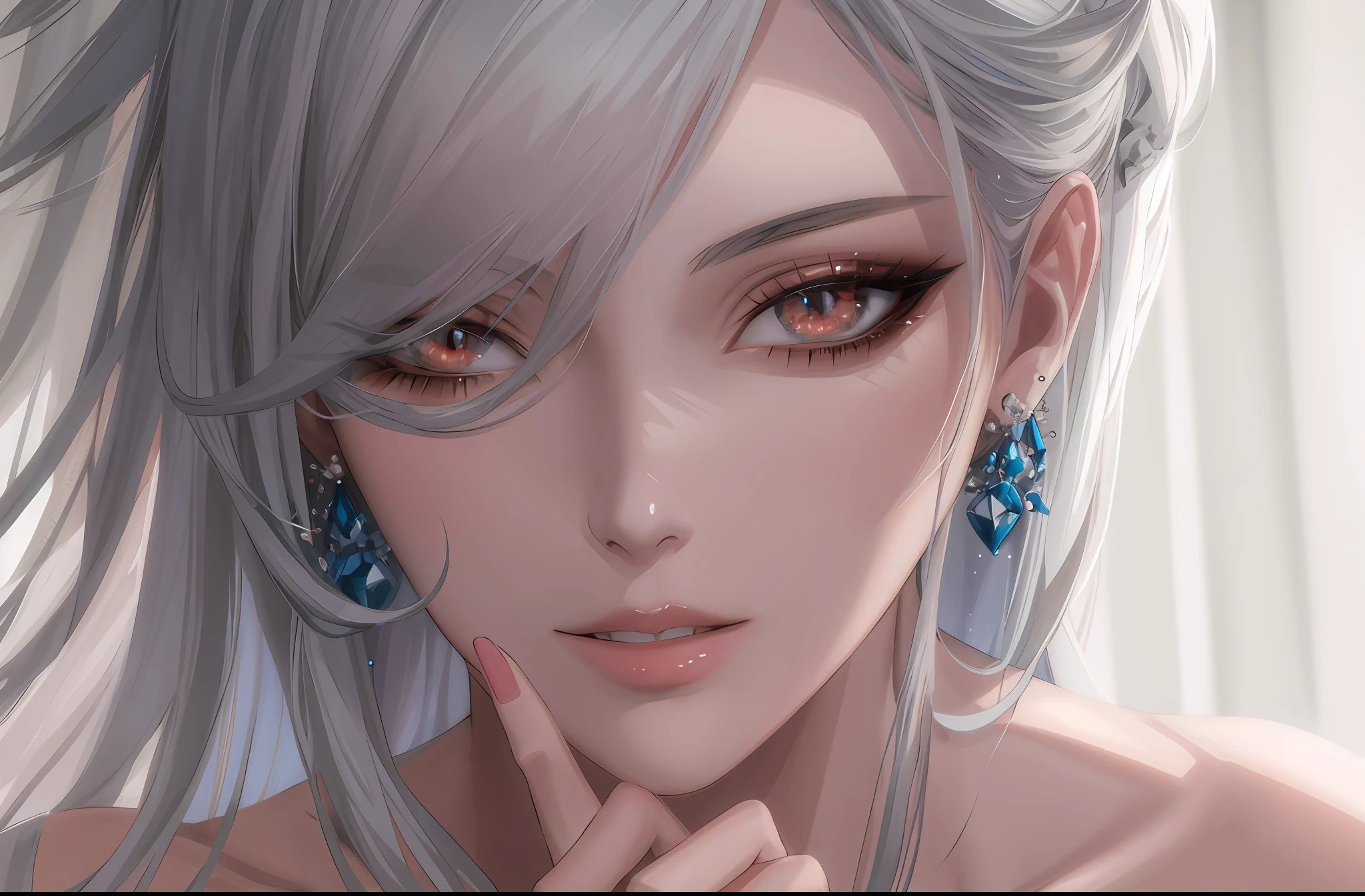 anime girl with long hair and blue earrings posing for a picture, detailed digital anime art, detailed portrait of anime girl, extremely detailed artgerm, stunning anime face portrait, artgerm. high detail, fanart best artstation, artgerm on artstation pixiv, 8k high quality detailed art, beautiful anime portrait, ig model | artgerm