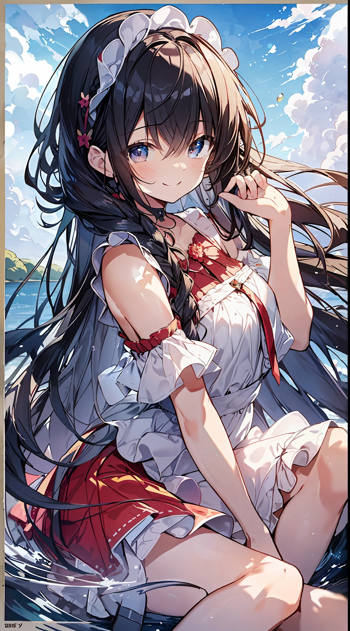 Top Quality, Masterpiece, Ultra High Definition, 8K, Summer Sky, Early Summer, (((Red Ruffle Tops, White Skirts, High Heels)), Shojo Manga Style Loli, Single, Soft Line Art, Digital Enhancement, Shojo Manga Touch, Shojo Manga Core, Flowing Fabric, Close Up, (Hair length and short braid to the shoulders)), wet hair, staring at us from the front, soft drawing, Beautiful black hair, clear eyes, ((teasing smile)), ultra-detailed digital anime art, clear face depiction, ultra-detailed shojo manga character art, ultra-detailed manga style, top quality colors, hand gestures, landscape with nature, looking up at the sky, angle that can see up to your feet