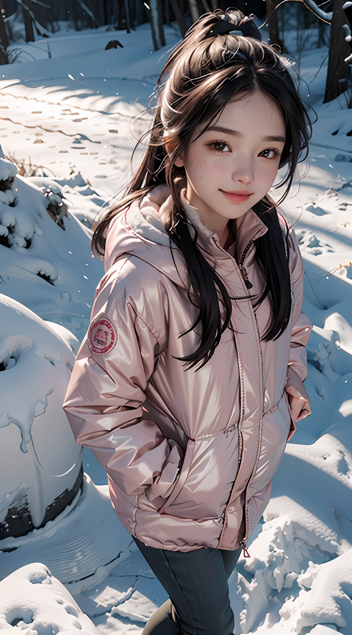 Masterpiece level,best picture quality,Ultra-clear resolution,Realistic Details(fidelity:1.4) CG works,1girle,Winter snow,(Long pink down jacket:1.6),(The face is a little rosy:1.2),Long Black Hair,Black eyes,hands in pockets,Look at the audience affectionately,There are a few snowflakes in the sky,Winter with clear skies,full-body photo,14 year old girl,smile,,shy