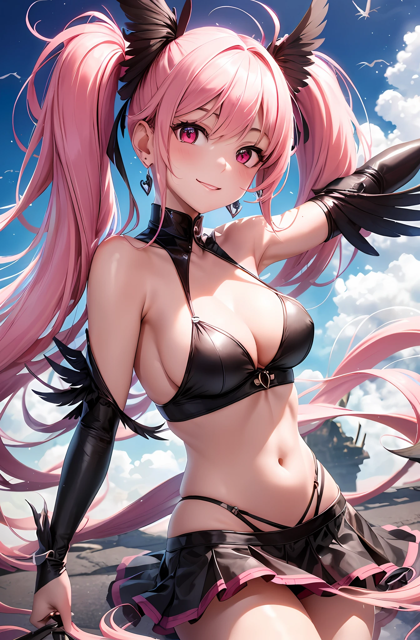 Top quality, ultra high resolution, (photorealistic: 1.4), Japan people, attractive faces. Model face. Hair is long. Thin. Smiling expression, bikini, beautiful details, pink hair. Pigtails. Big tits. Miniskirt. Earring. Fly with outstretched hands. Fly in the sky. Fly with legs extended. Float in the air. On the back large wings. Above the clouds. Clouds around. Cloud mass. She flies freely above the clouds. She can fly gracefully. She flies gracefully in the sky. Devil's wings. Naked. Fallen angel. Yami Ochi. Evil chi. Devil. Infant. Enchantress. Eyes glowing red. Atmosphere. Heart logo.