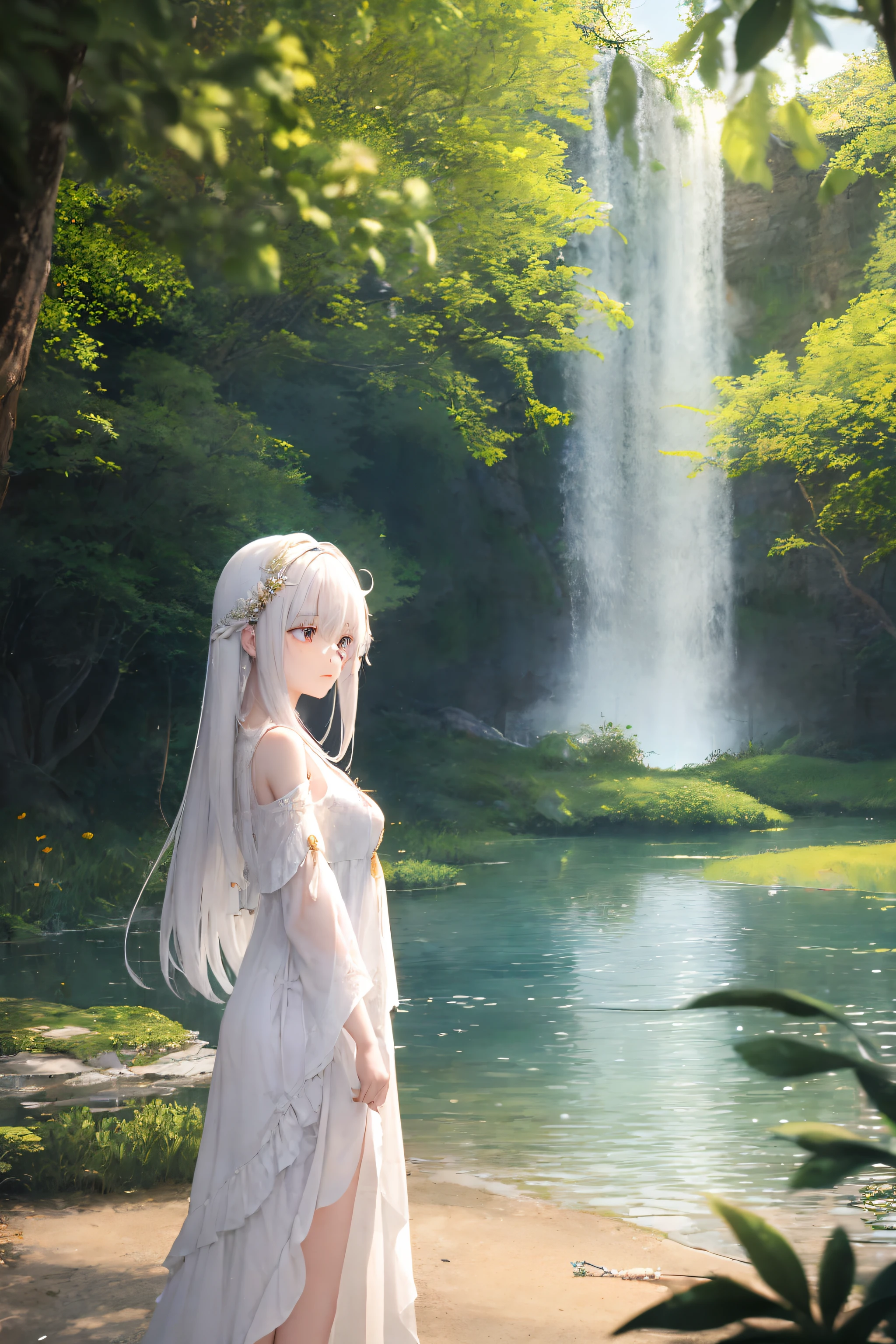 A beautiful young girl with long white tasselled hair and light pink eyes is standing on the shore of a tranquil lake, her dress gently swaying in the breeze. She holds a delicate silver hairpin in her hand, occasionally using it to adjust the strands of hair falling around her face. The serene surroundings blend harmoniously with vibrant natural colors, creating a peaceful atmosphere. This is a high-definition 8K work of fantasy art that is hand-drawn and showcases dreamlike imagery and intricate details, allowing viewers to immerse themselves in a world of boundless imagination. --ar 16:9 --v 4