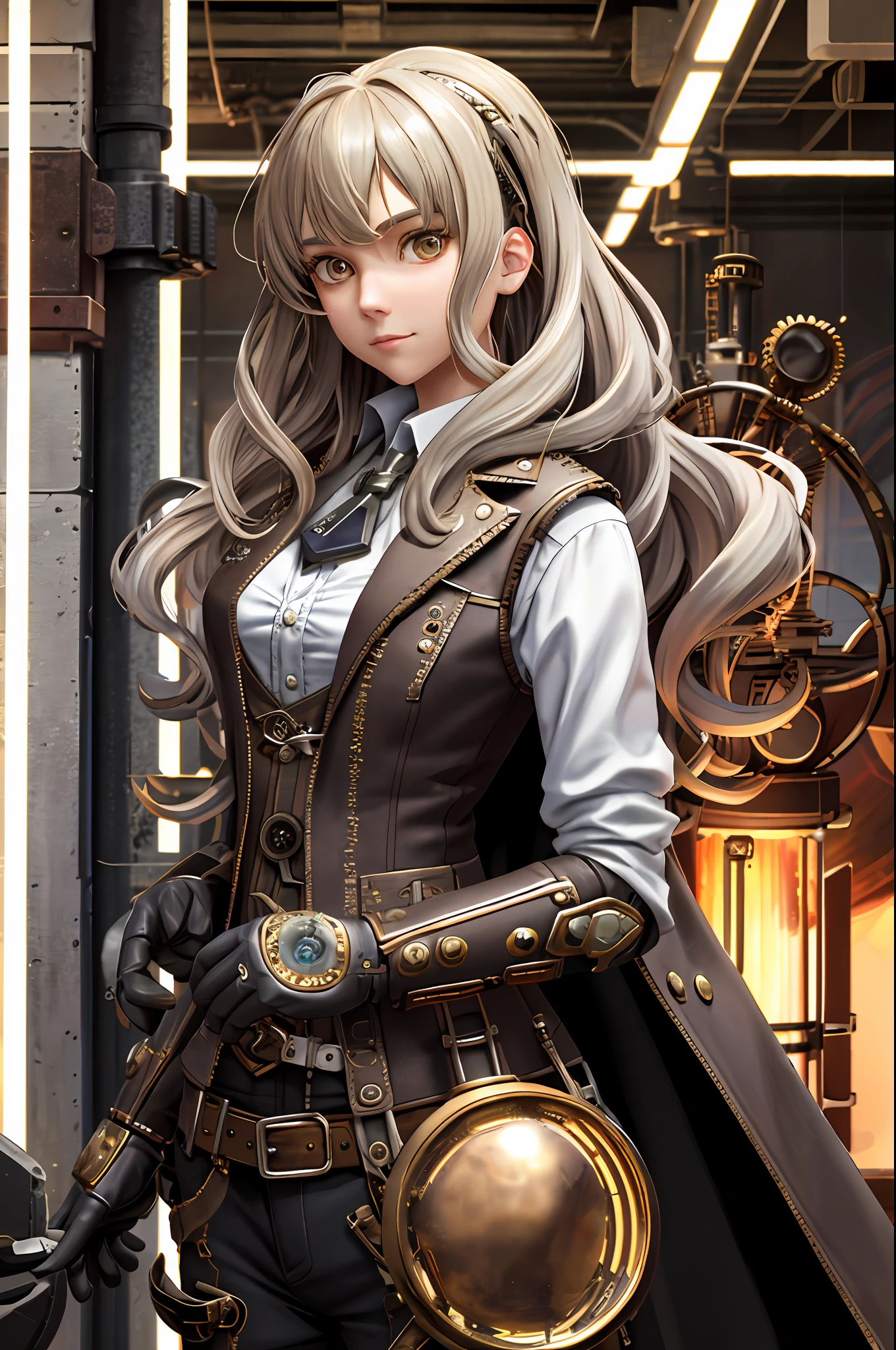 Jessica Alba, (absurdres, highres, ultra detailed), 1woman, mature female, aged, long wavy hair, split-colored hair, heterochromia, bangs, long sleeves, finely detailed eyes and detailed face, extremely detailed CG unit 8k wallpaper, intricate details, (style-rustmagic: 0.8), (medieval cyborg: 0.8), portrait, (bloody wounds:0.7), looking at the viewer, solo, half shot, detailed background, (steampunk theme:1.1) determined expression, technomancer dark couds, floating lights, colorful leather vest with gears, techwear, jetpack, workshop in the background, machines, gears, steam, industry, technology, oven, dirt, anvil, buttons, levers, automaton, electricity, electric sparks epic atmosphere,, portrait