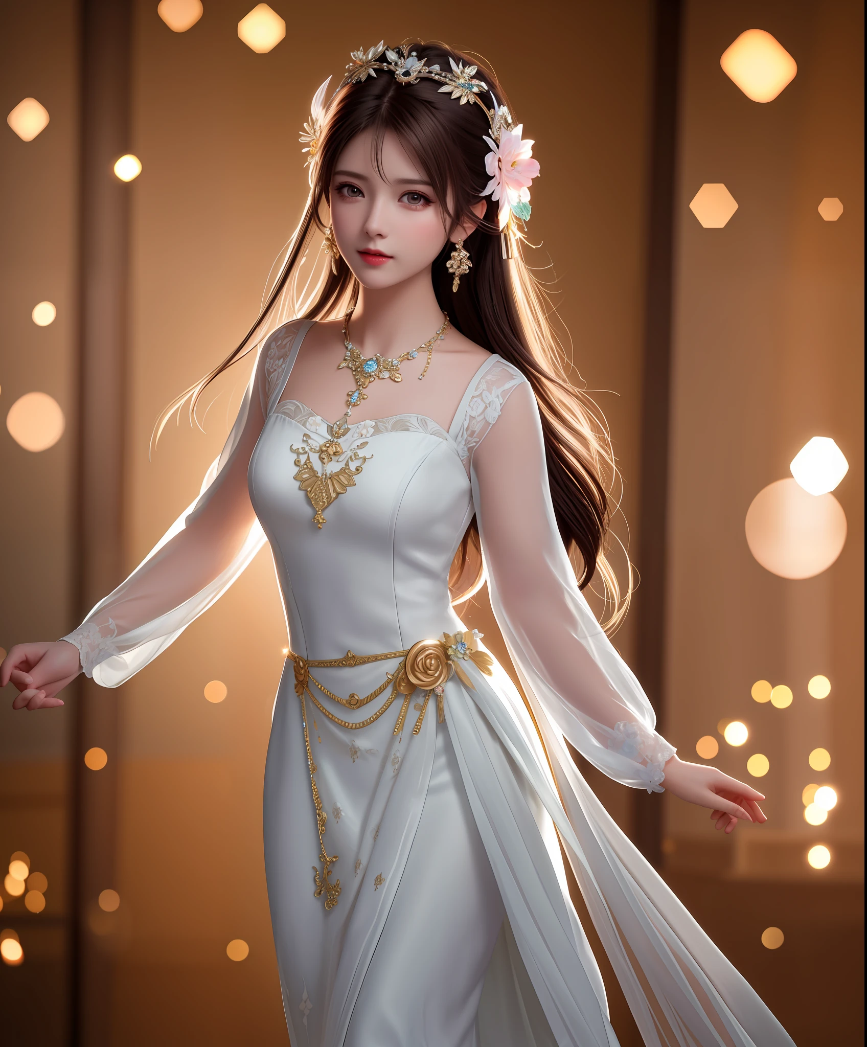 Best Quality, Masterpiece, High Resolution, 1Girl, Porcelain Dress, Hair Accessories, Necklace, Jewelry, Beautiful Face, Body, Tyndall Effect, Realistic, Dark Studio, Edge Lighting, Two-tone Lighting, (High Detail Skin: 1.2), 8K UHD, DSLR, Soft Light, High Quality, Volumetric Light, Voyeur, Photo, High Resolution, 4K, 8K, Bokeh, Full Body