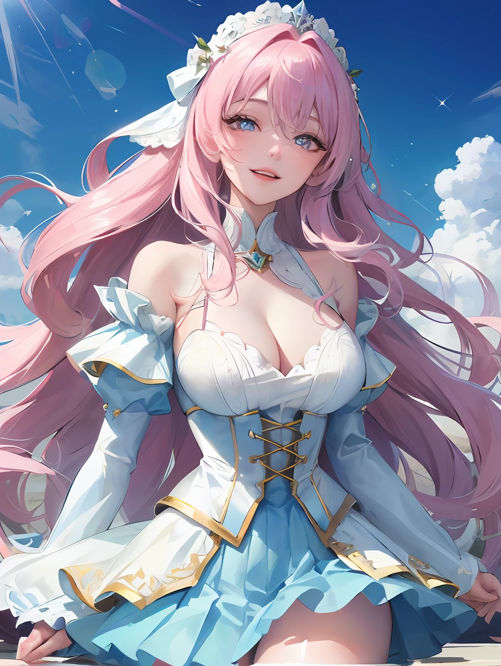 official art, masterpiece, sharp focus, (beautiful gorgeous cute european: 1.3), (beautiful cute european: 1.3), european beauty, delicate and beautiful hair, eyes and face, realistic, super detailed, beautiful girl, blue sky, glow white particle, (side lighting: 1.2), sunlight, white cloud, detailed clouds, slim, beautiful extra-large breasts and very large hips, smile with teeth, ((smile with eyes, open both eyes)), decorations, long straight hair, sexy facial expression, building, (cityscape: 1.7), dynamic hair, long straight hair, detailed platinum pink hair, glowing blue eyes, (blue pleated shirts + white skirt), white long socks, pale skin, hair decoration, epic landscape.