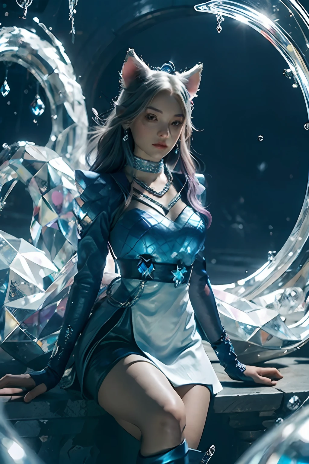 masterpiece, best quality, highres, mer1, tiara, sailor senshi uniform, blue sailor collar, bow, knee boots, choker, white gloves, blue choker, elbow gloves, jewelry, earrings, blue skirt, cowboy shot, orb, crystal ball, 1girl water yushushui,ahri, ahri \(league of legends\), k/da \(league of legends\), spirit blossom \(league of legends\)，animal ears, facial mark, fox ears, fox tail, orange eyes, multiple tails, tail