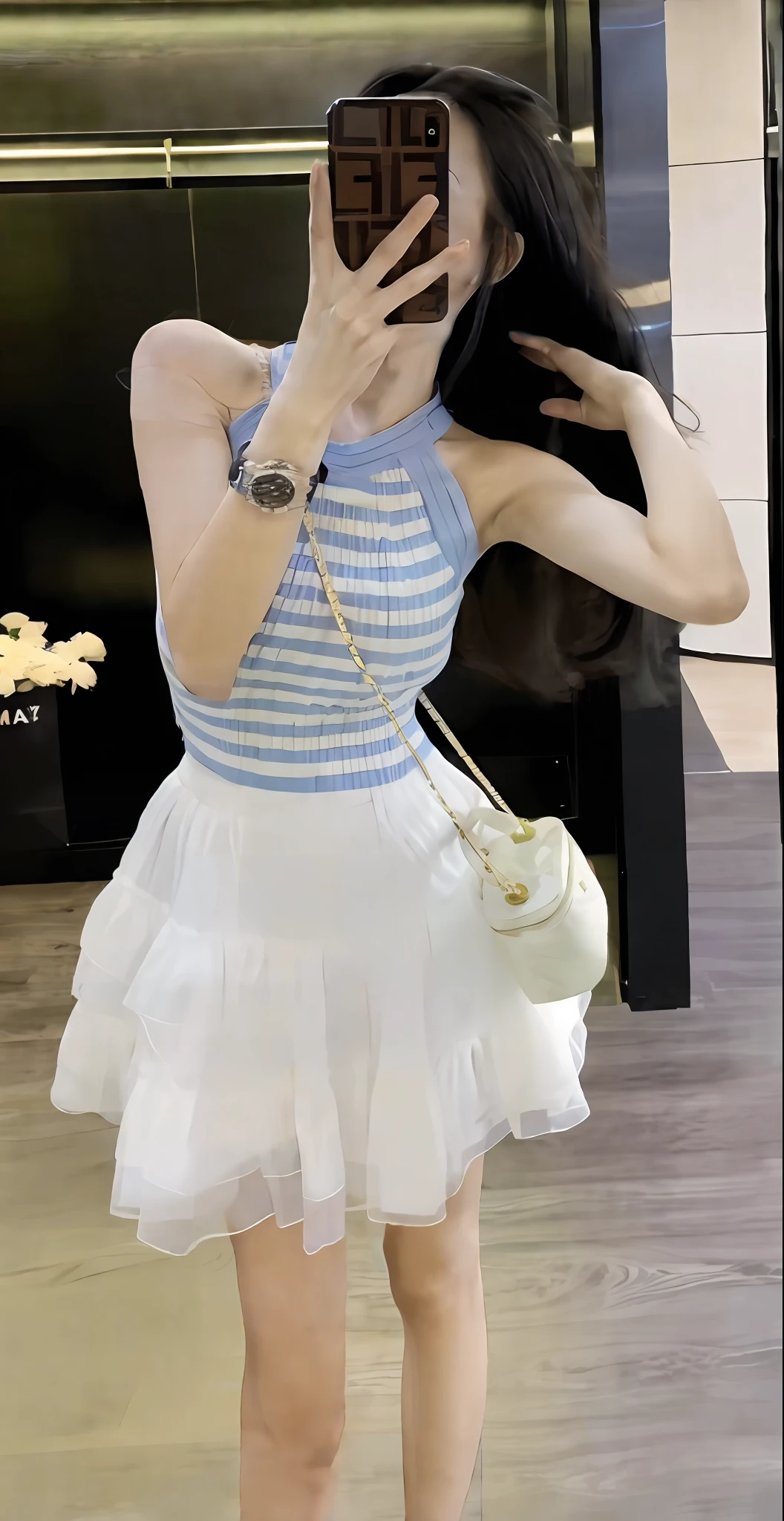 Woman taking picture in mirror with mobile phone, sleeveless, blue and white dress, pastel, bandeau dress, shot with Canon EOS 5 D Mark IV, high image quality, 155 cm high, detailed picture, charming and seductive, height 165 cm, frills, light half-open dress, large field of view 8k raw photos Best quality masterpiece
