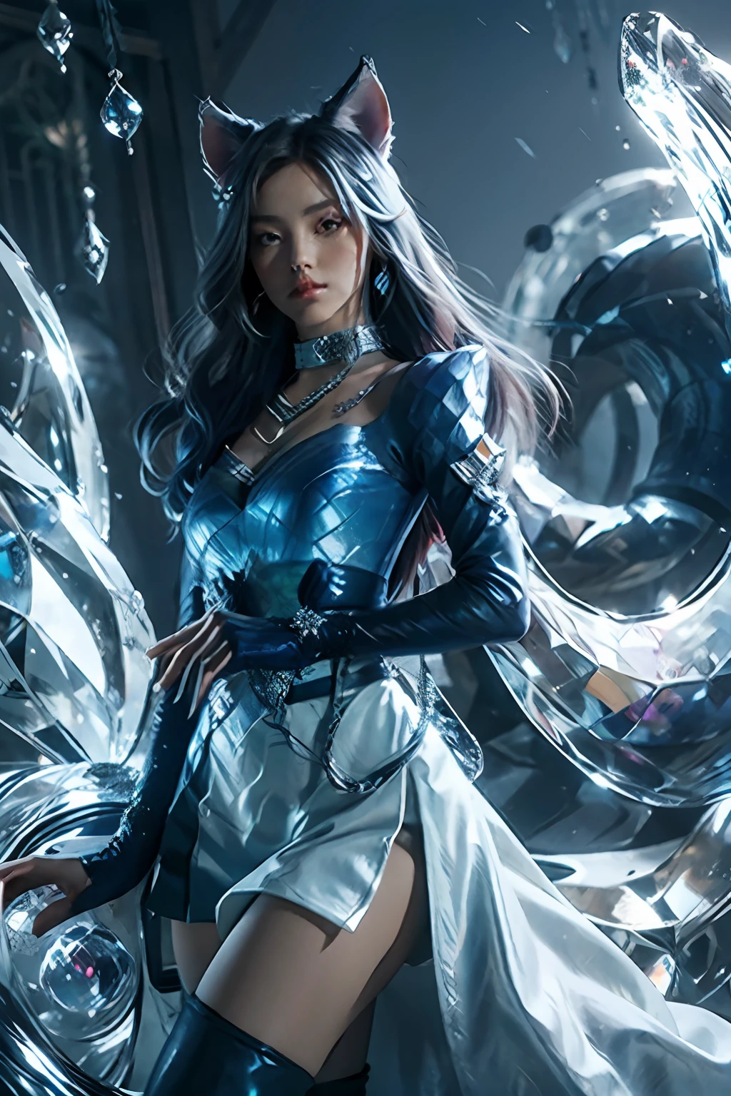 masterpiece, best quality, highres, mer1, tiara, sailor senshi uniform, blue sailor collar, bow, knee boots, choker, white gloves, blue choker, elbow gloves, jewelry, earrings, blue skirt, cowboy shot, orb, crystal ball, 1girl water yushushui,ahri, ahri \(league of legends\), k/da \(league of legends\), spirit blossom \(league of legends\),animal ears, facial mark, fox ears, fox tail, orange eyes, multiple tails, tail