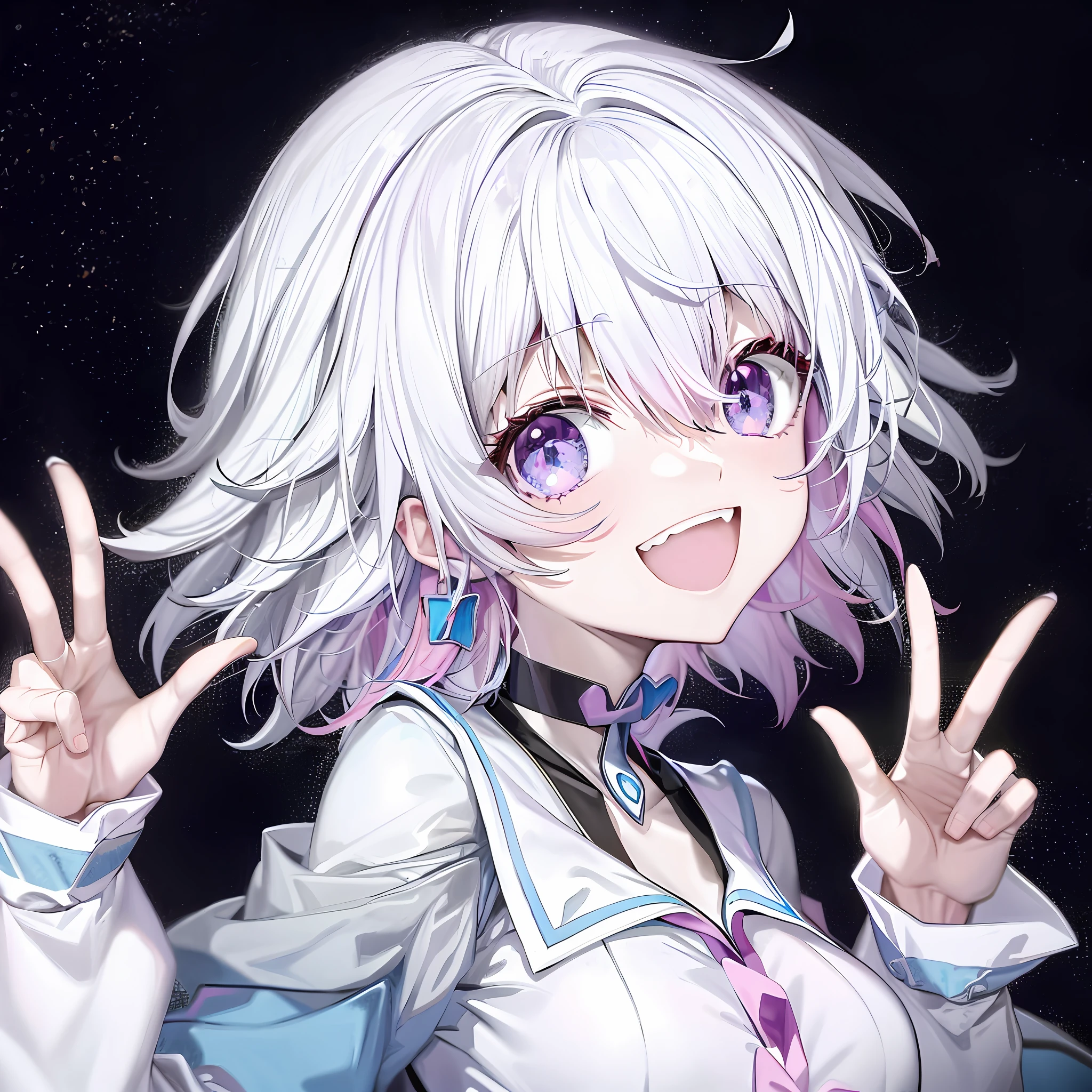 Anime girl with pink hair and blue eyes do peace sign, anime moe art style, index finger, Ayaka Genshin impact, tsuaii, [[[grin]]]], Nagigisa Komada, anime visual cute girl, pink hair, Shikamimi