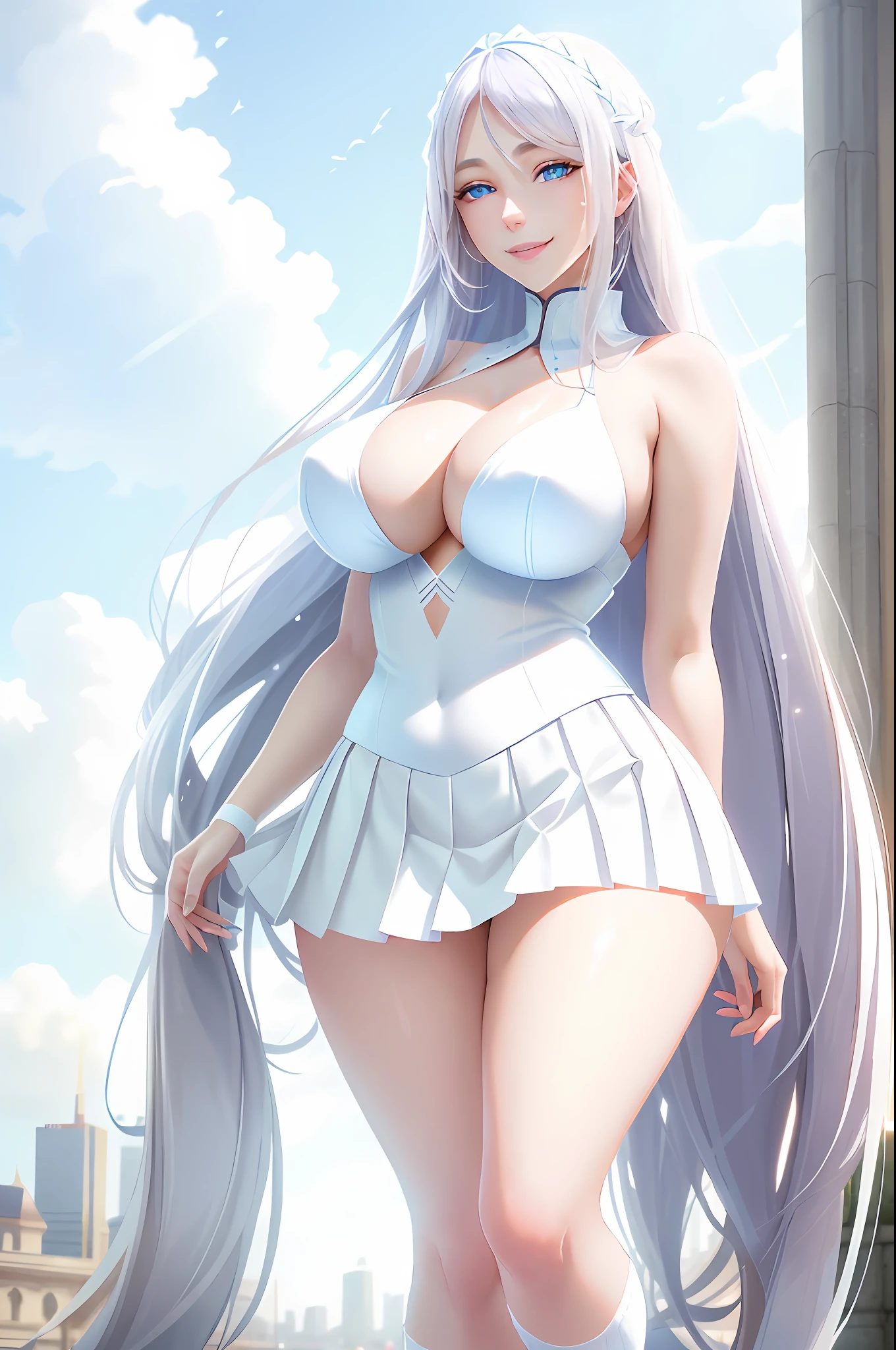 official art, masterpiece, sharp focus, (beautiful gorgeous cute european: 1.3), (beautiful cute european: 1.3), european beauty, delicate and beautiful hair, eyes and face, realistic, super detailed, beautiful girl, blue sky, glow white particle, (side lighting: 1.2), sunlight, white cloud, detailed clouds, slim, beautiful extra-large breasts and very large hips, smile with teeth, ((smile with eyes, open both eyes)),  decorations, long straight hair, sexy facial expression, building, (cityscape: 1.7), dynamic hair, long straight hair, detailed platinum pink hair, glowing blue eyes, (blue pleated shirts + white skirt), white long socks, pale skin, hair decoration, epic landscape.