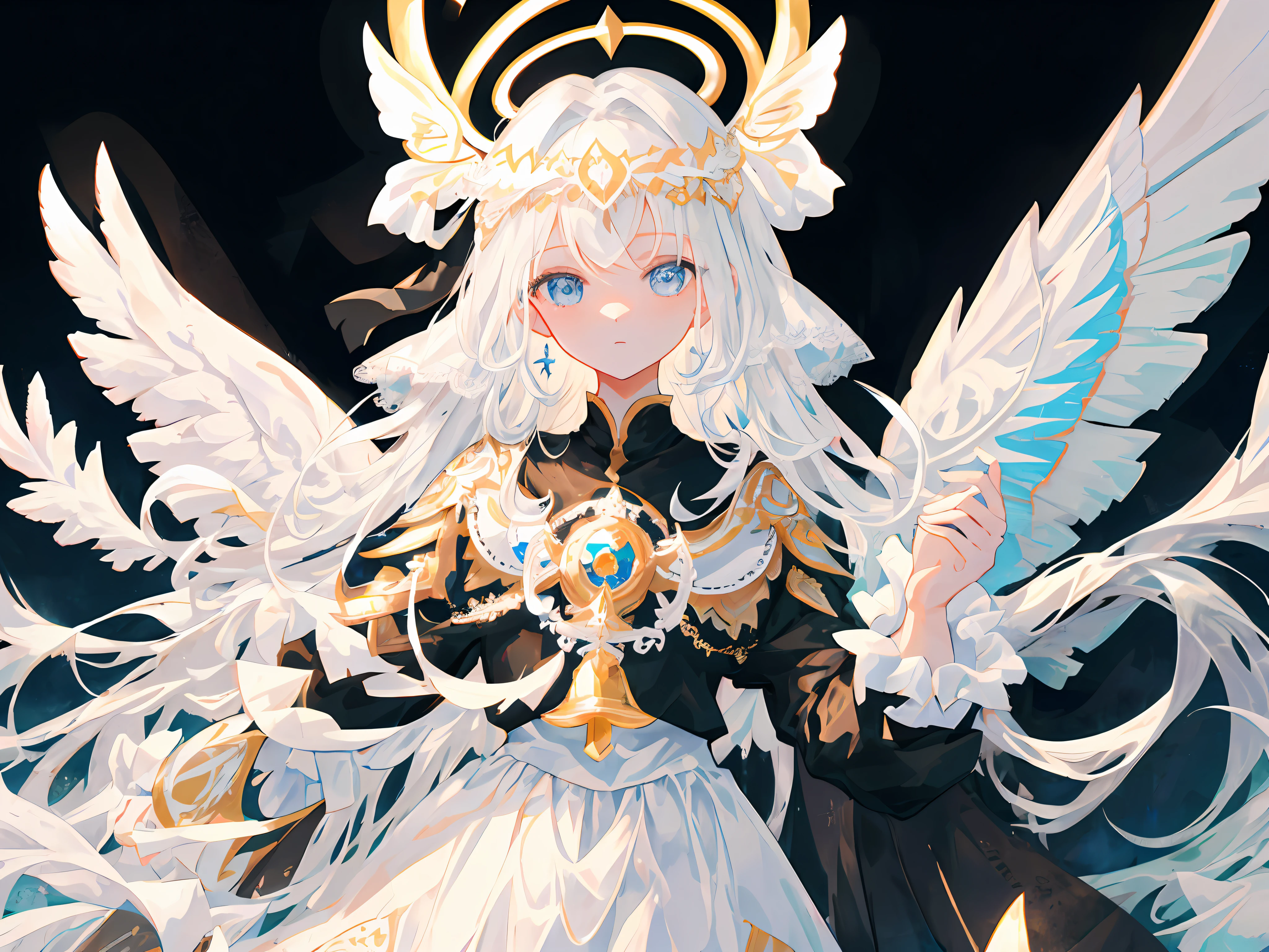 Masterpiece, girl, upper body, extra-long hair, white lace finger gloves, ((prayer)), white big wings, white sea of clouds, white dress, silver hair, blue eyes, silver crown, portrait centered, white ribbon, cold face, butterfly, ((symmetrical)),, {masterpiece}, {best quality}, {1girl}, Amazing, exquisite details, extreme CG, original, extreme detail wallpaper, stereoscopic, HD, beautiful and detailed eyes, Black gold long dress, gods