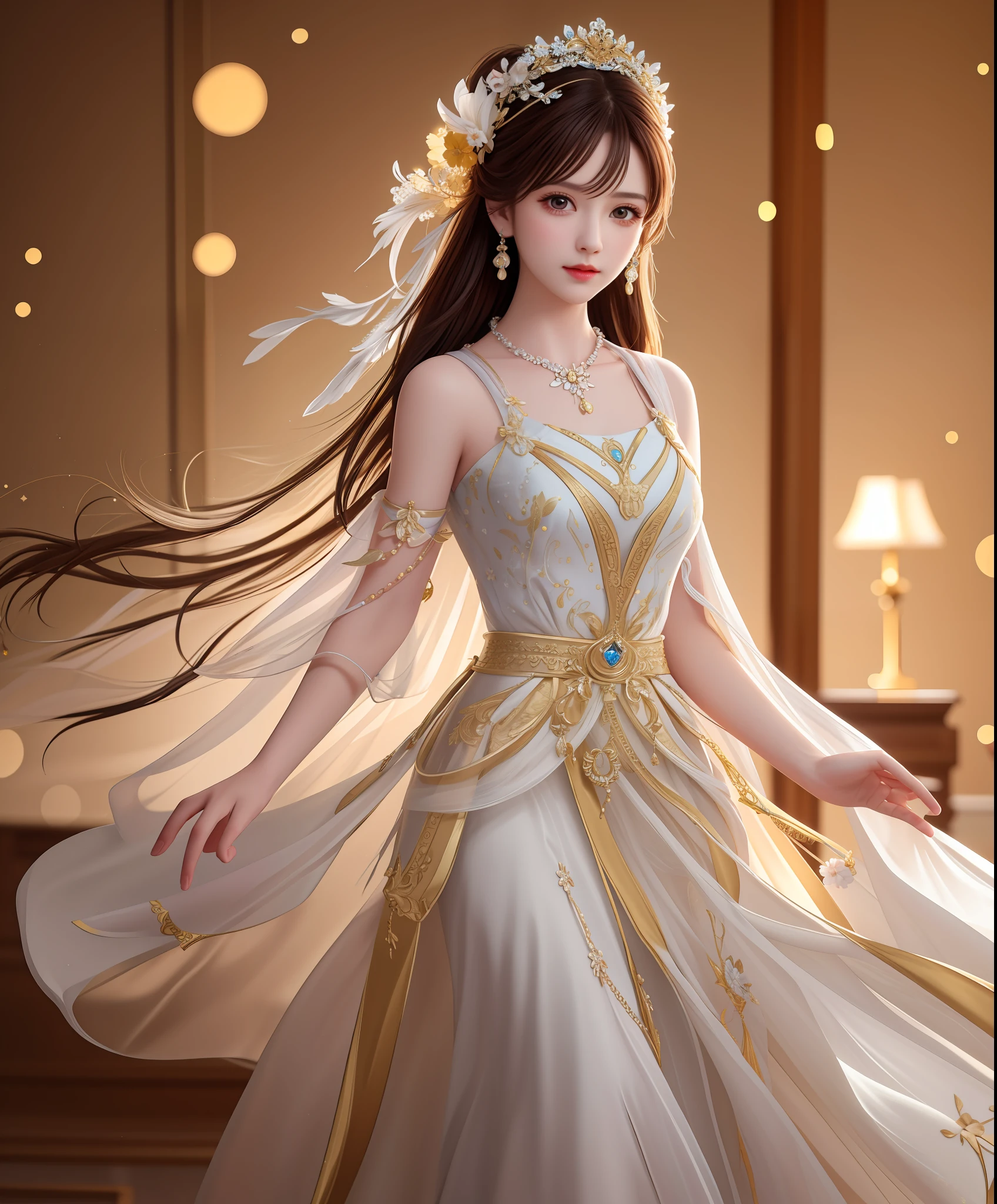 Best Quality, Masterpiece, High Resolution, 1Girl, Porcelain Dress, Hair Accessories, Necklace, Jewelry, Beautiful Face, Body, Tyndall Effect, Realistic, Dark Studio, Edge Lighting, Two-tone Lighting, (High Detail Skin: 1.2), 8K UHD, DSLR, Soft Light, High Quality, Volumetric Light, Voyeur, Photo, High Resolution, 4K, 8K, Bokeh, Full Body