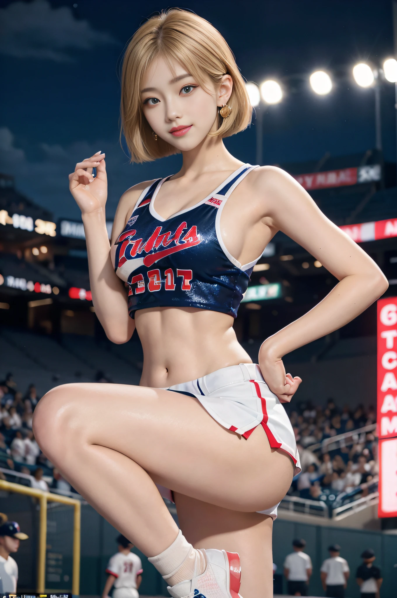17 year old cool Korean, big round breasts, cheerleader, baseball team cheerleader, beautiful eyes in detail, eyelashes, beautiful double eyelids, eyeshadow, slit eyes, perfect eye makeup, seductive smile, beautiful thin legs, bright blonde hair, bob cut, earrings, night baseball stadium stand, night
