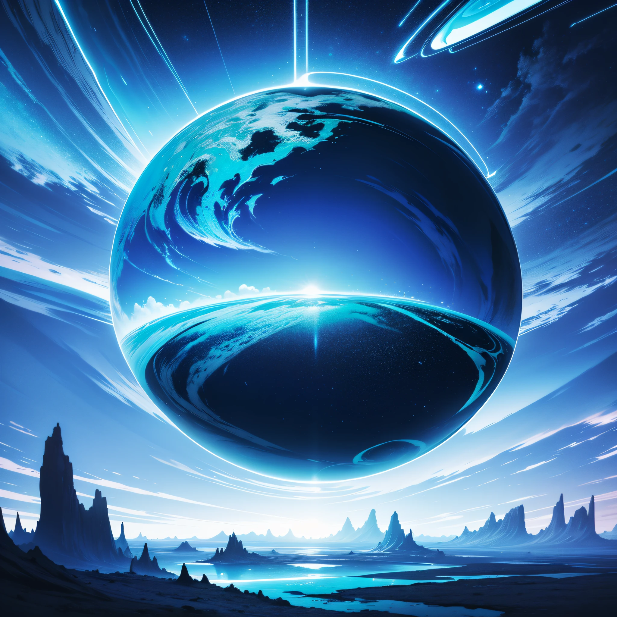 Create a photography inspired by the unique landscape of a surreal planet, where the surface is made of translucent glass, and the sky is filled with floating neon clouds.