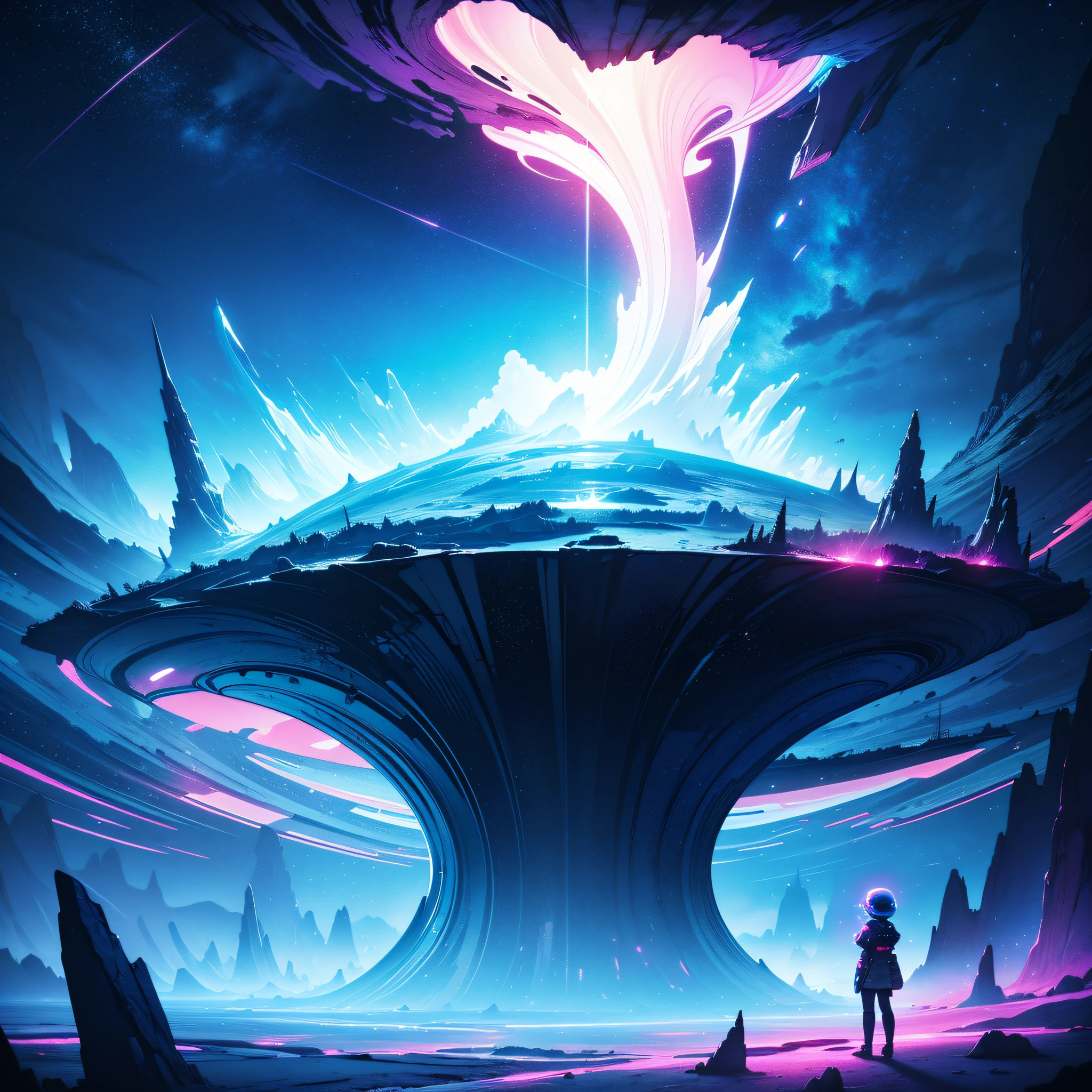 Create a photography inspired by the unique landscape of a surreal planet, where the surface is made of translucent glass, and the sky is filled with floating neon clouds.
