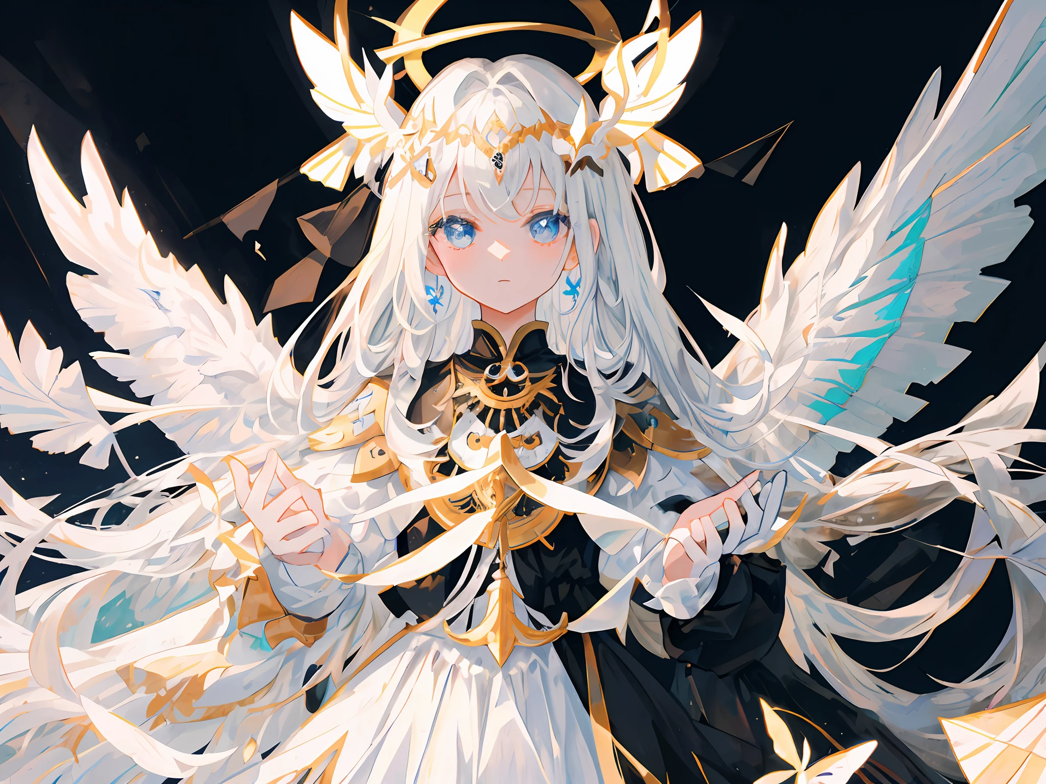 Masterpiece, girl, upper body, extra-long hair, white lace finger gloves, ((prayer)), white big wings, white sea of clouds, white dress, silver hair, blue eyes, silver crown, portrait centered, white ribbon, cold face, butterfly, ((symmetrical)),, {masterpiece}, {best quality}, {1girl}, Amazing, exquisite details, extreme CG, original, extreme detail wallpaper, stereoscopic, HD, beautiful and detailed eyes, Black gold long dress, gods