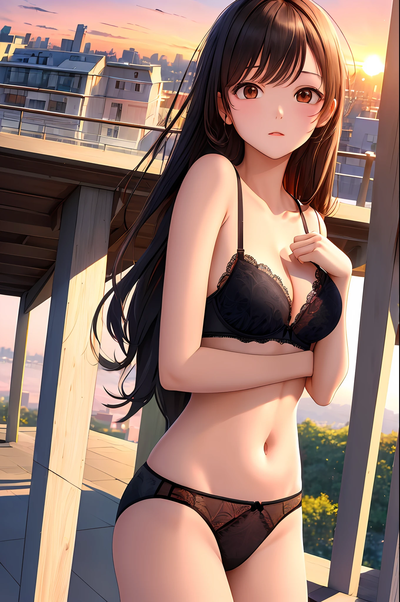 ((Masterpiece, Top Quality, Ultra Detail, Ultra High Definition, Detailed Background)), (Fisheye), School, Sunset, On the Roof, Guardrail, Look Up, 1 Girl, Turn Back, Girl in Panties in Bra, T-Back Underwear