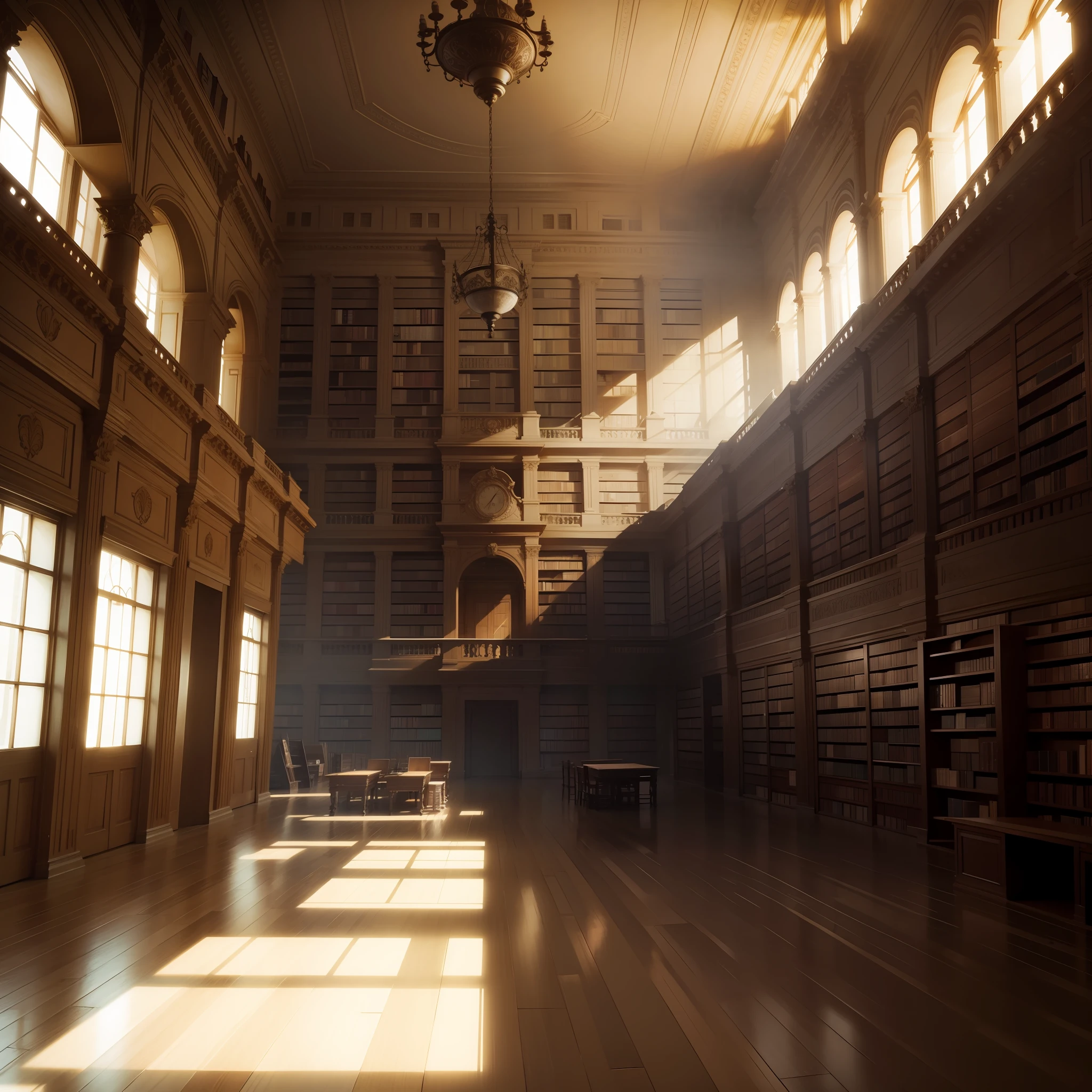 A lot of bookshelves, a library without people,