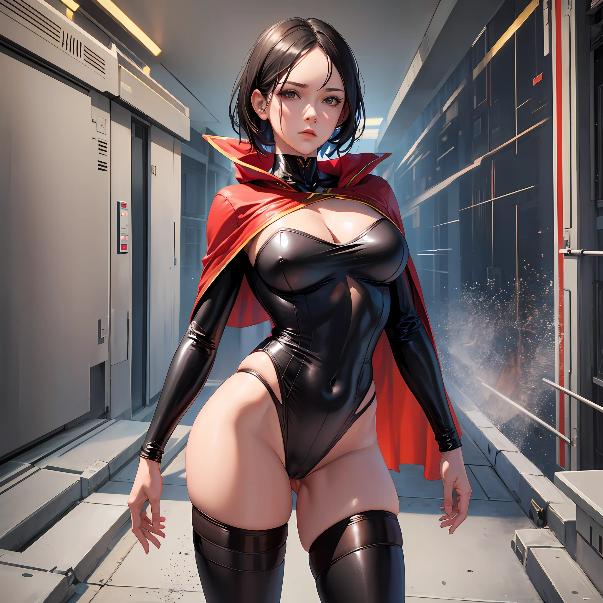 sasha calle, supergirl, torn, mature female, torn_clothes, bigbreasts, cameltoe, highleg, translucent bunnysuit, highleg, full body photo, realism, sophisticated writing and detailing, short black hair, expressions, realistic, looking down, red cape, torn white stockings, HD photo, --auto --s2
