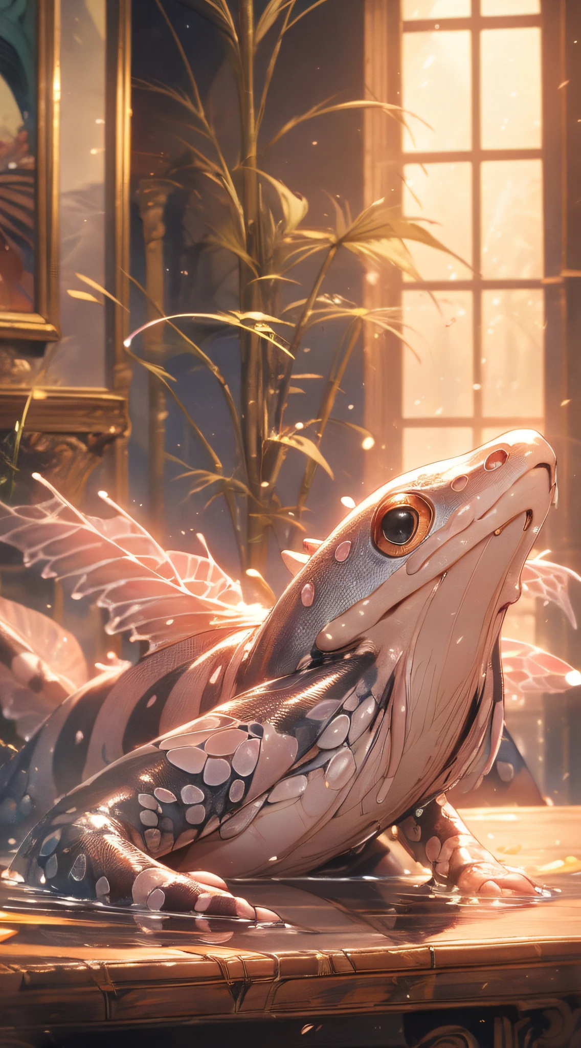 ((on the table)), on the table is a pink-white salamander, CGsociety, exquisite details. Anime. ((tentacles behind the gills)), (tadpole tail), low detail. Digital painting, ultra-detailed skin, detailed creatures, ultra-detailed digital painting, highly detailed digital painting, very detailed digital painting, extremely ultra-detailed, digital painting Highly detailed, ultra-detailed painting, ultra-wide angle
