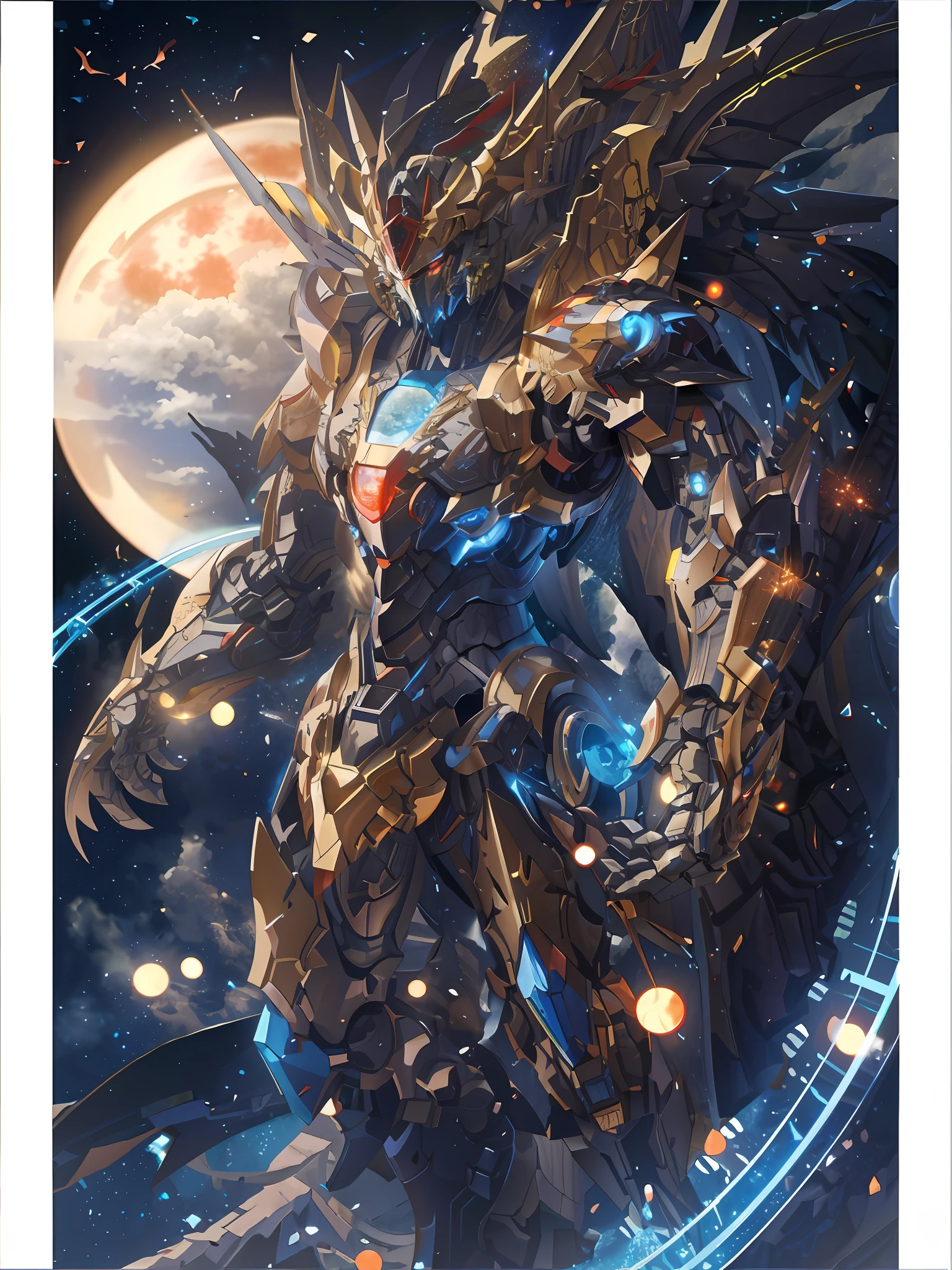 A close-up of a robot with a full red moon on the background, a Greek god in mecha style, an alien space knight, a cyborg dragon portrait, high-detail official artwork, amazing space creatures 4 K, mecha art, ethereal and mecha themes, cool mecha style, prototype!!!!,s from StarCraft, detailed cosmic angel robots, well-armored mecha dragons, Protoss!!