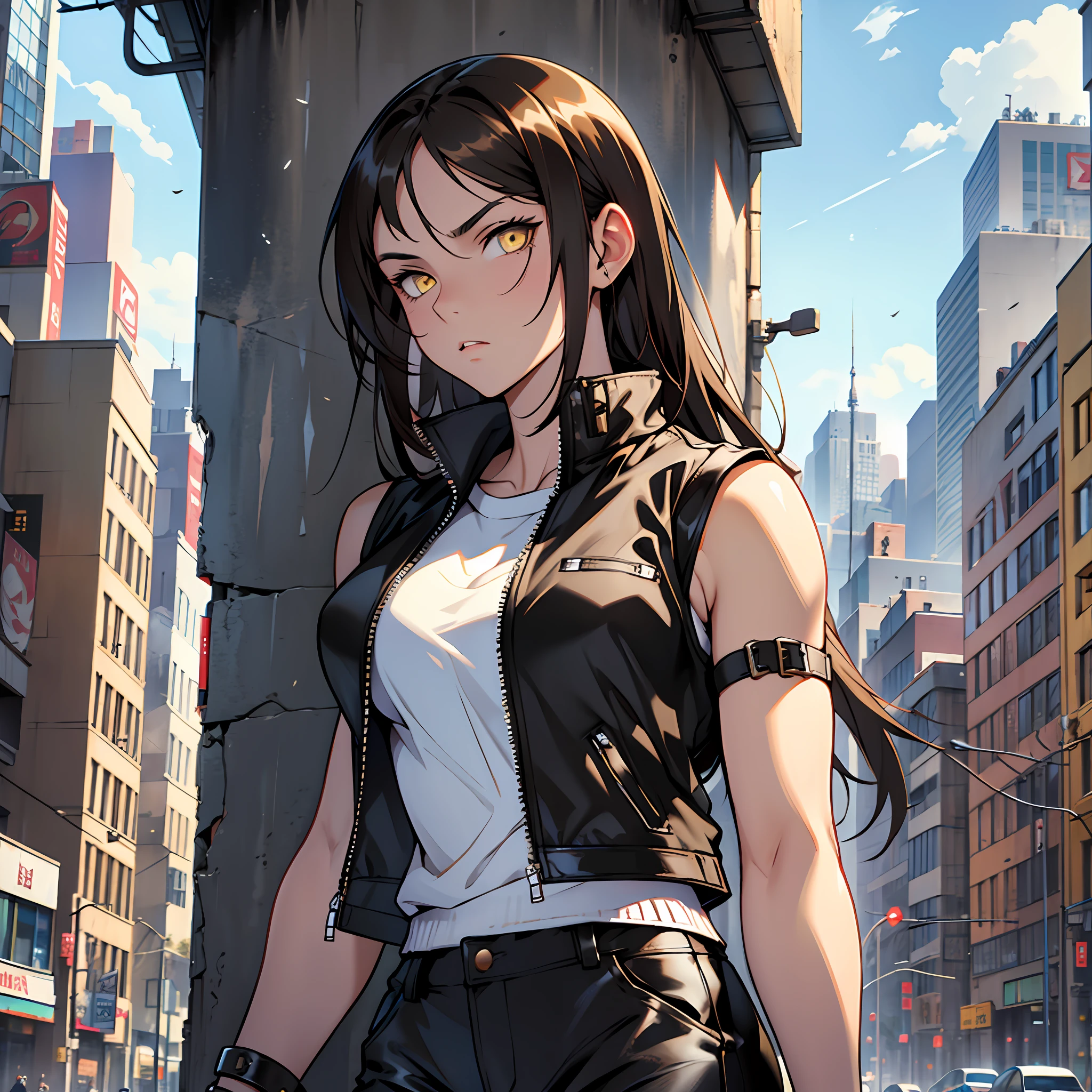 girl, brunette, russian, yellow eyes, strong arms and shoulders, big white sneakers, black stylish pants, black leather vest, cool knives, weapons, city, city street, anime --auto --s2