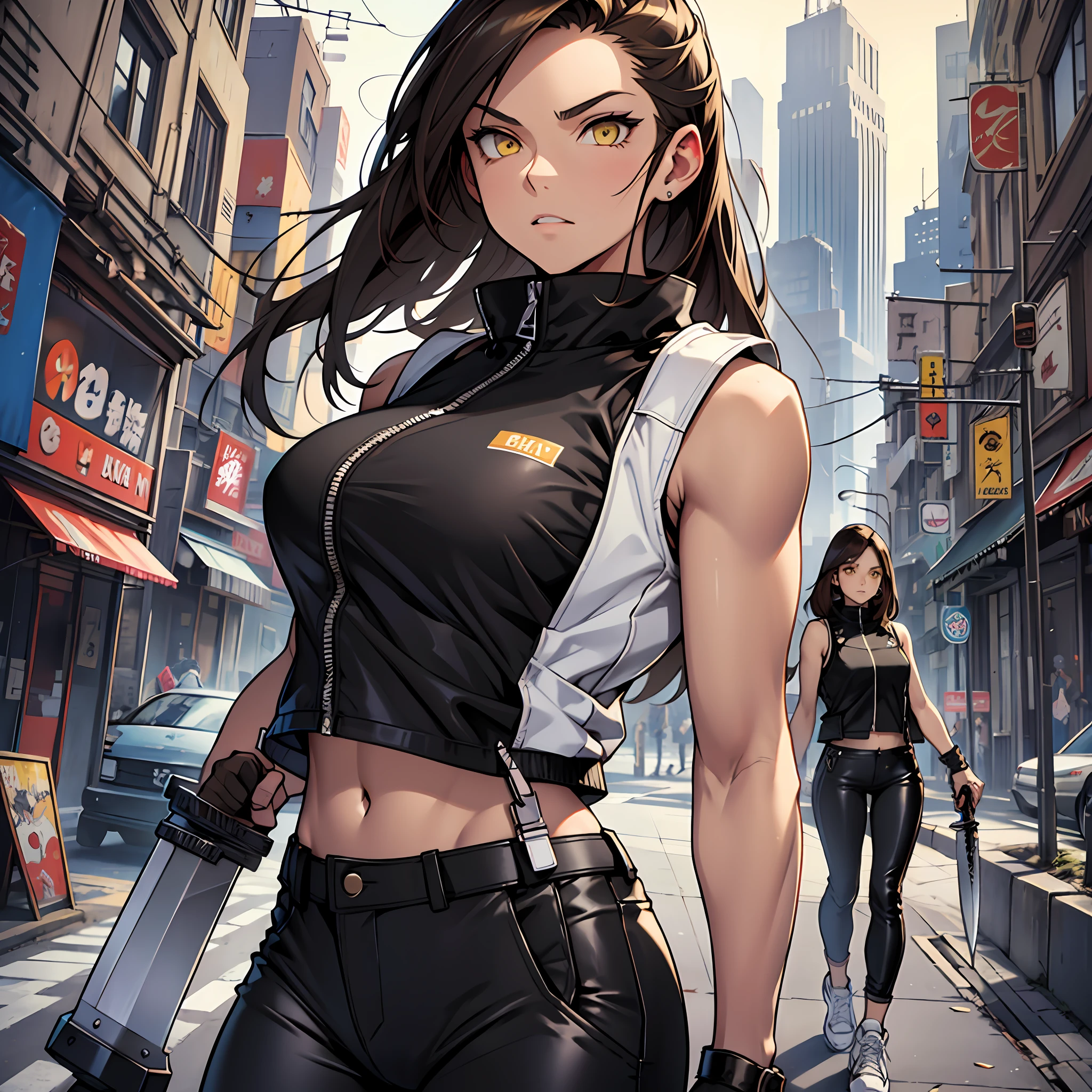 girl, brunette, russian, yellow eyes, strong arms and shoulders, big white sneakers, black stylish pants, black leather vest, cool knives, weapons, city, city street, anime --auto --s2