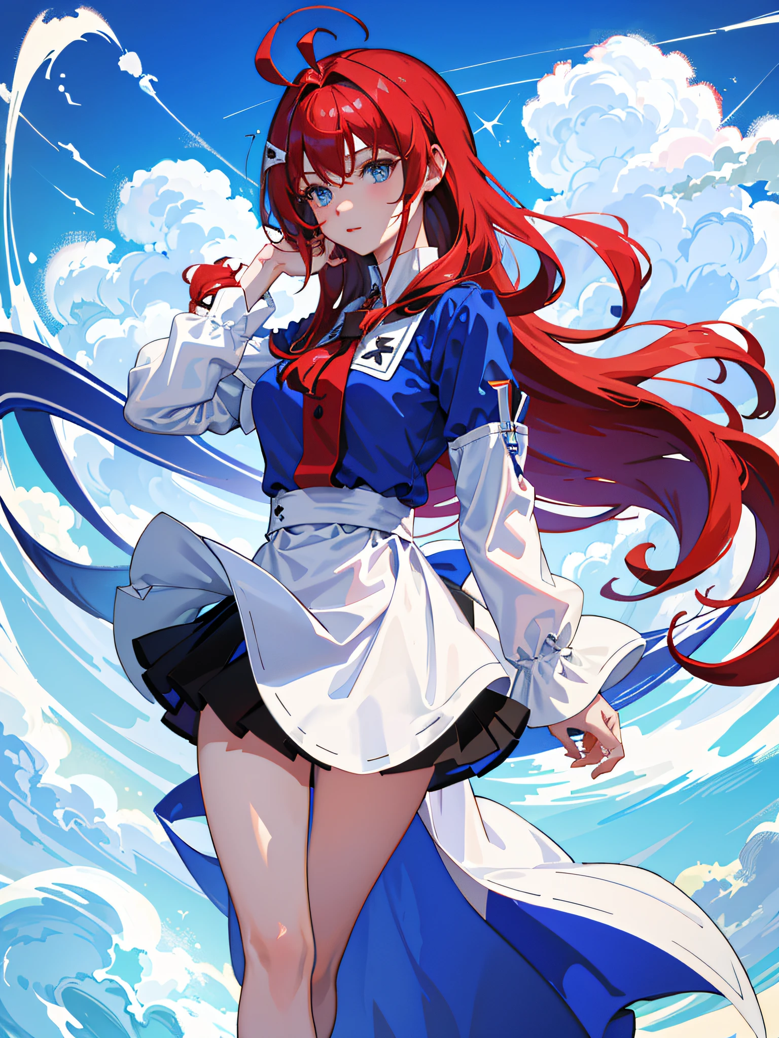 (Masterpiece, Best Quality), (One Girl), (Solo), (Female Focus), (Ahoge, Red Hair, Long Hair), Blue Eyes, (Blue Shirt), (White P Skirt), (Black Skirt), Standing, White Background