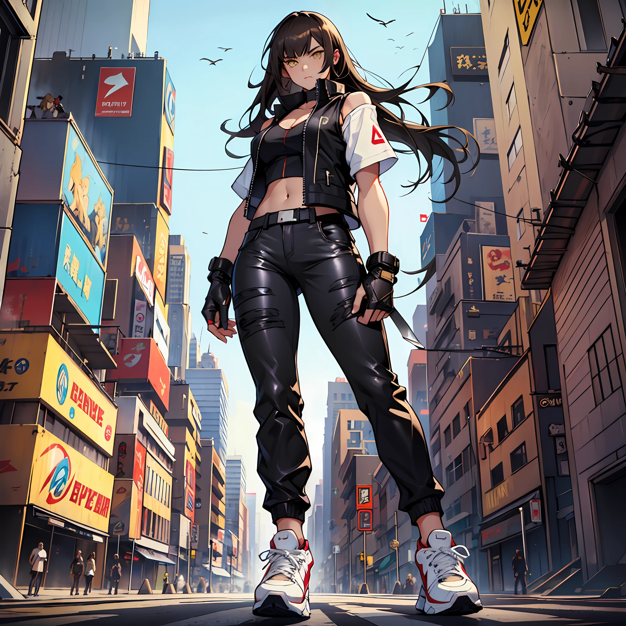 Anime girl in leather pants and sneakers standing on a city street ...