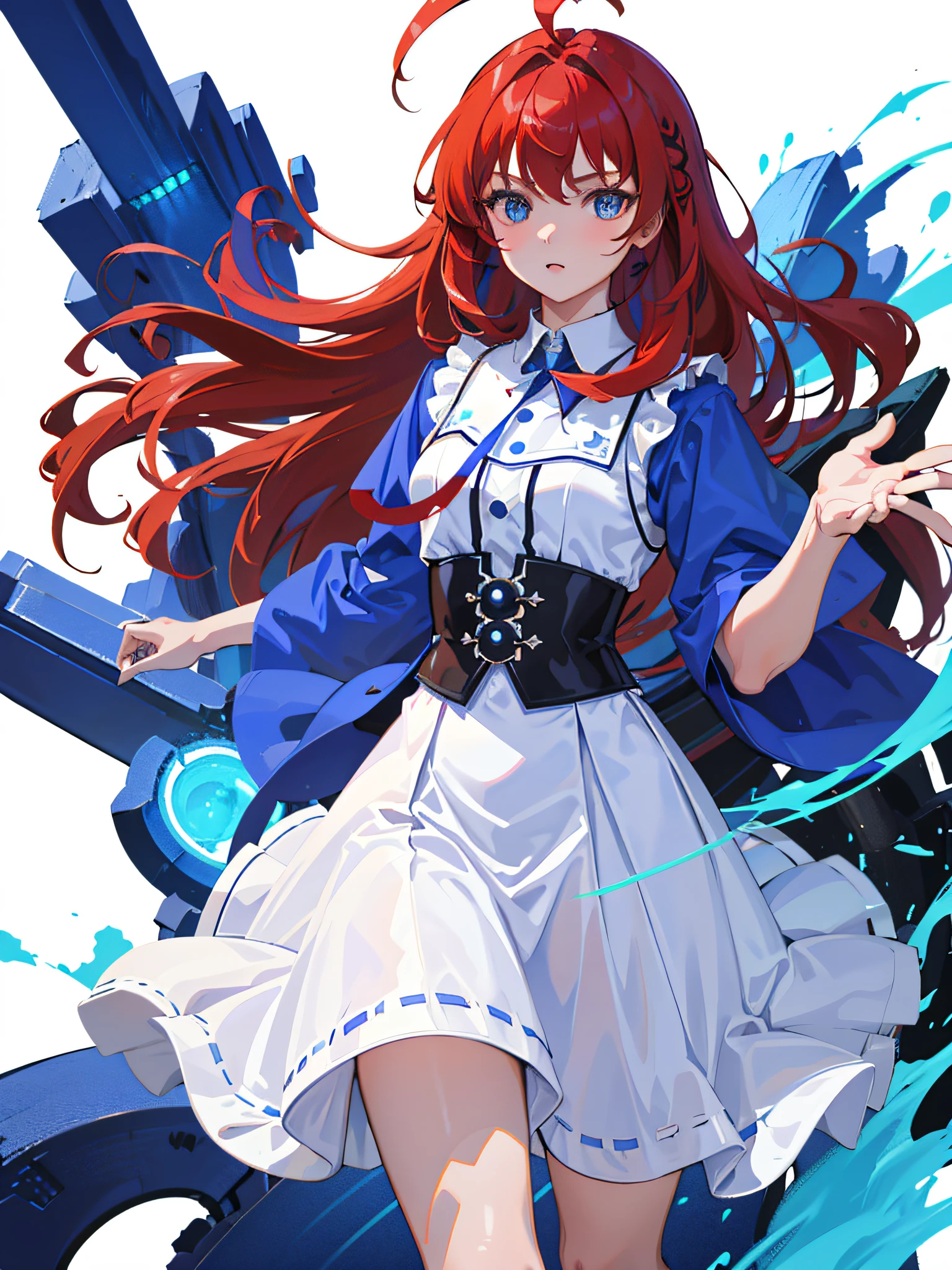 (Masterpiece, Best Quality), (One Girl), (Solo), (Female Focus), (Ahoge, Red Hair, Long Hair), Blue Eyes, (Blue Shirt), (White P Skirt), (Black Skirt), Standing, White Background