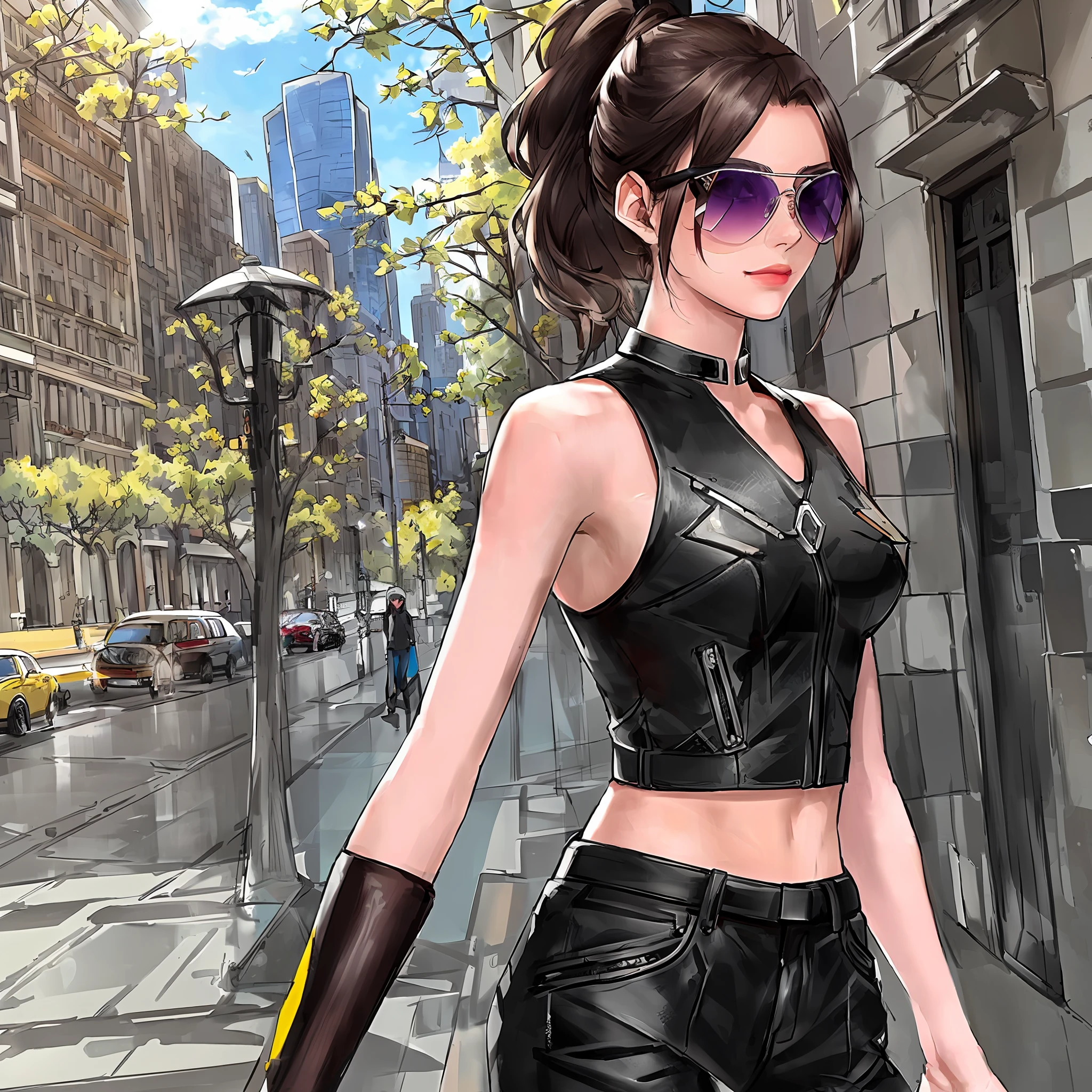 girl, brunette, ponytail hairstyle, russian, yellow eyes, strong arms and shoulders, small breasts, big white sneakers, black stylish pants, black leather vest, cool knives, weapons, city, city street, anime, guy, dark short hair, blue eyes, strong arms, veins on the hands, black leather jacket, black jeans, sword, white sneakers, sunglasses --auto --s2