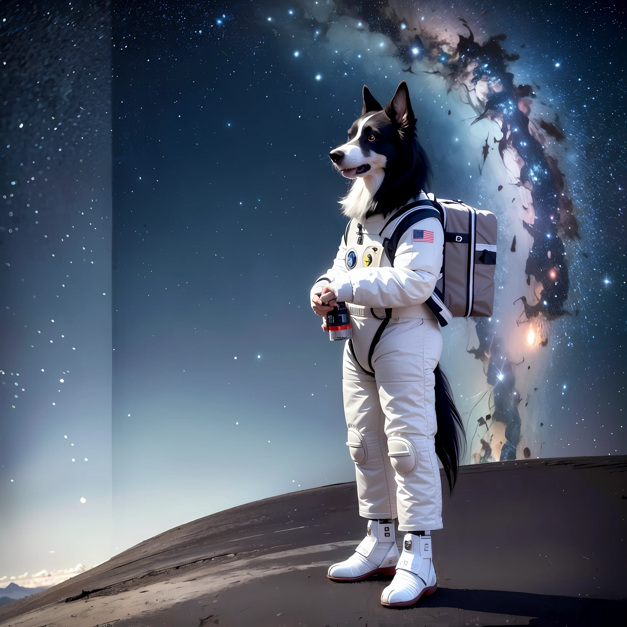 masterpiece, best quality, 8K, colorful, realistic, HDR, high detail, wallpaper, border collie, spacesuit, spaceship, window, nebula, full body