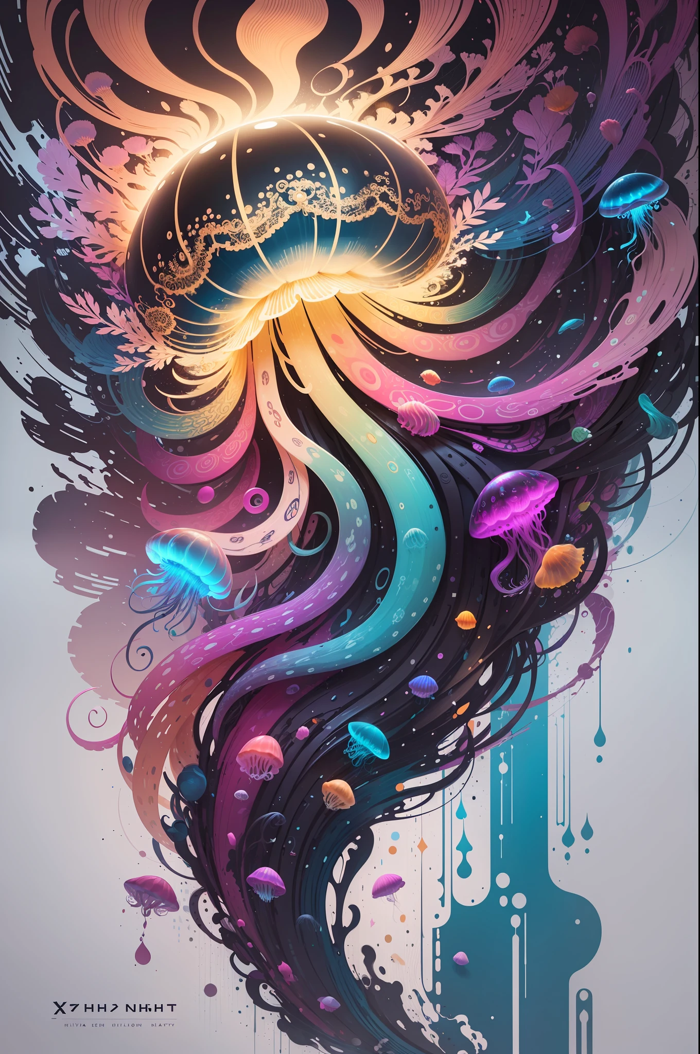 xryhd jellyfish, hyper realistic, ultra detailed, insanely detailed and intricate, ultra fine details, Extreme contrast, Extremely sharp lines, cinematic lighting, artwork by Okuda San Miguel and Carne Griffiths, swirls, intricate, elegant, highly detailed, digital painting, artstation, concept art, smooth, sharp focus, illustration --auto --s2