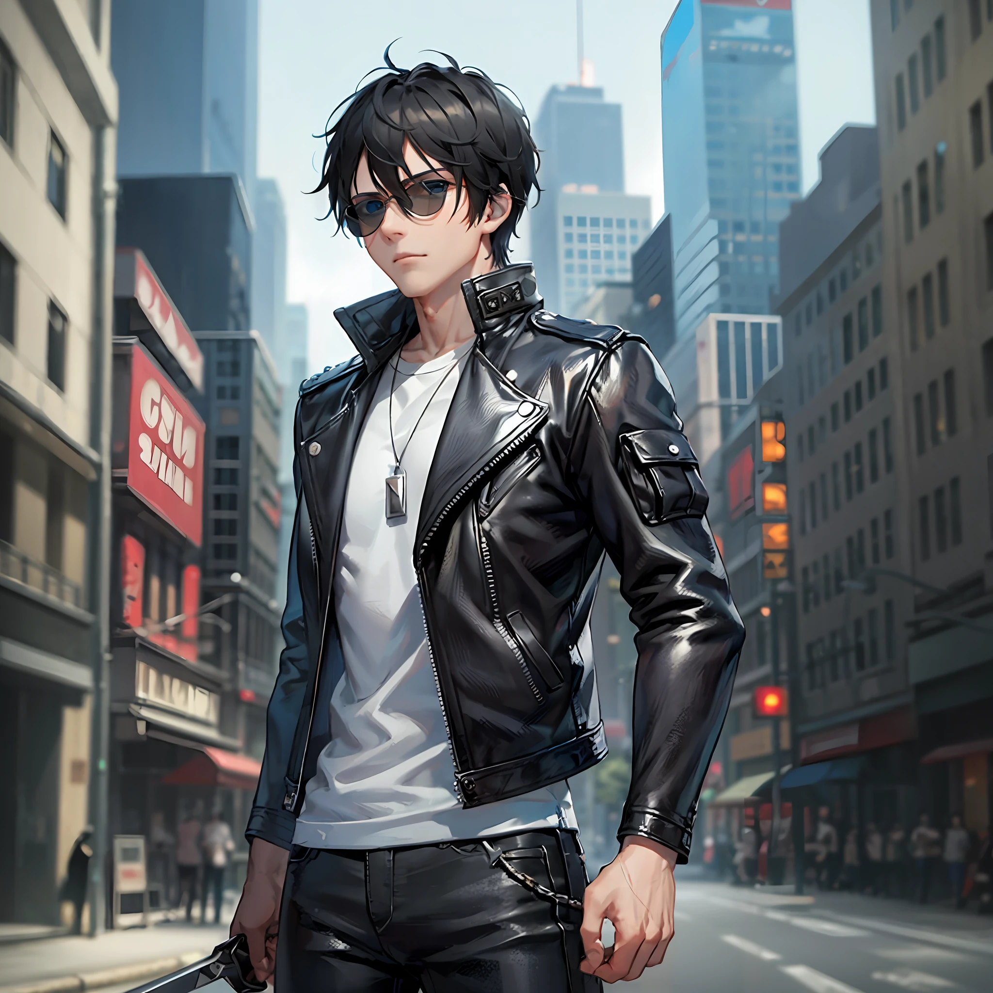 guy, tall, medium black hair, blue eyes, strong arms, muscles, veins on his arms, black leather jacket, black jeans, sword, white sneakers, sunglasses on his head, white headphones, city, city style, street, anime --auto --s2