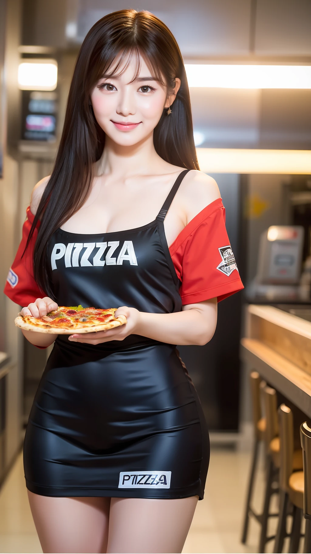 realistic photos of (1 cute Korean star) Shoulder-length hair, thin makeup, medium breasts size, slightly smile, wearing pizza stores employee outfit, blurry foreground, caustics, chromatic aberration abuse, blurry, UHD, masterpiece, 16k