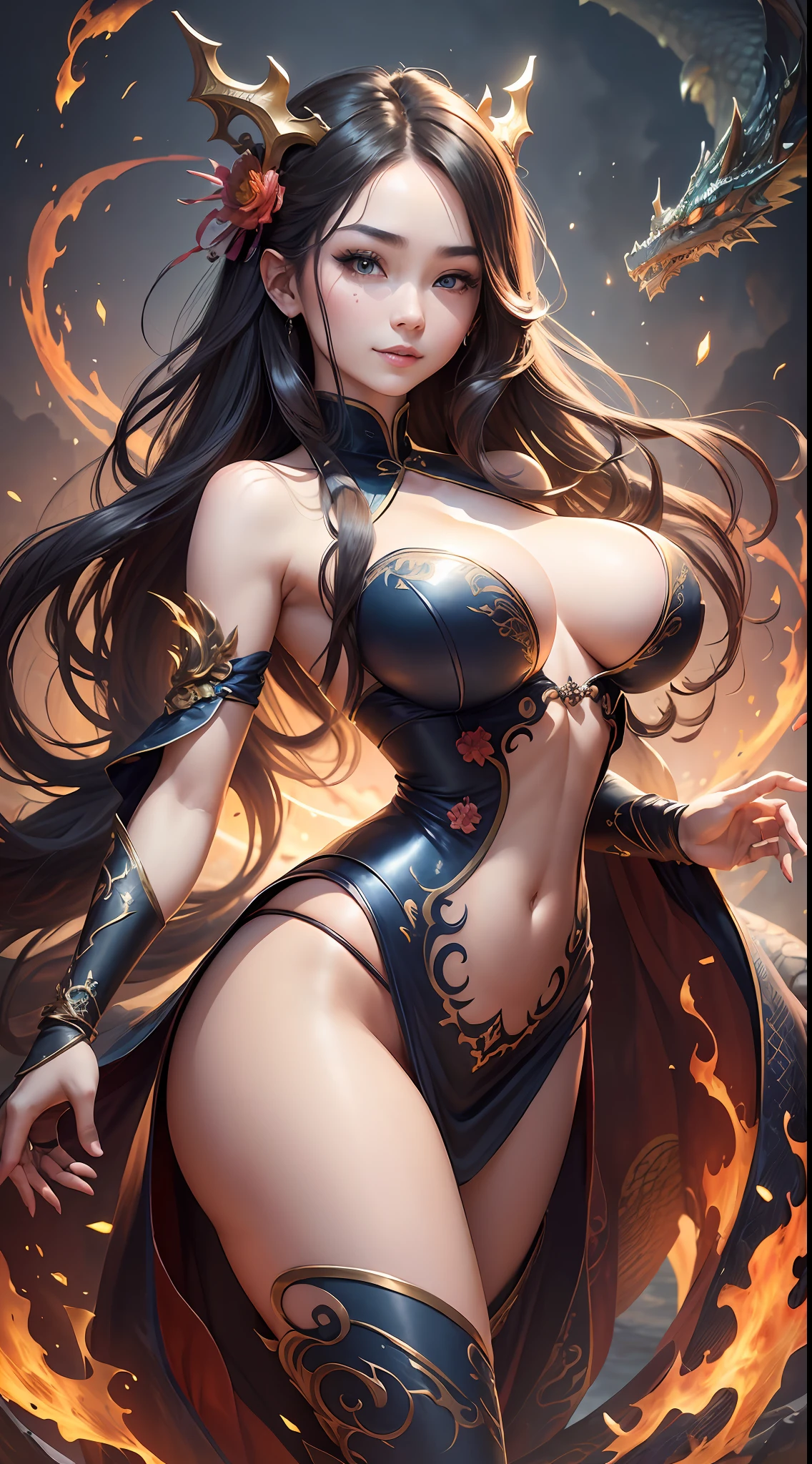 (Realistic, Photo Realistic: 1.3), Extremely Refined and Beautiful, Amazing, Fine Detail, (Best Illustration), (Best Shadow), Intricate, (Behind an Orange Chinese Dragon (Dragon: 1.4), Long Wavy Body, Fangs, Fantasy, Mythology, High Quality, Highly Detailed, Epic, Particle Effects, Dynamic Effects, Surround), Clouds, Sunset, Focus, Volume Fog, 8k Ultra HD, DSLR, High Quality, (Film Grain: 1.4), Fujifilm XT3, Official Art, Unity 8K wallpaper, super detailed, beautiful beauty, best quality, (tangled, entangled), (fractal art: 1.4), 1 girl, Chinese, gorgeous hanfu short skirt, calf, navel, very detailed, dynamic angle, denim shot, (most beautiful chaotic shape), flow, (bright colors), OC, (half: 1.2), china, (tape: 1.3), (dream: 1.5), (hanfu: 1.5), (smile: 0.5), (Chinese god 1.3), complex, hyperdetailed, (skin dents), female, detailed body, (detailed face: 1.1), (contoured iris), (watercolor lenses), (perfect eyes), gorgeous, (masterpiece: 1.2), (best quality: 1.2), wide buttocks, thick thighs, (big breasts: 1.2) and (big breasts: 1.2), detailed background, cinematic light, best shadow, cute detail face, dramatic light, intricate details, flowing long hair, flame, charming, enchanting, milf, thin waist --auto --s2