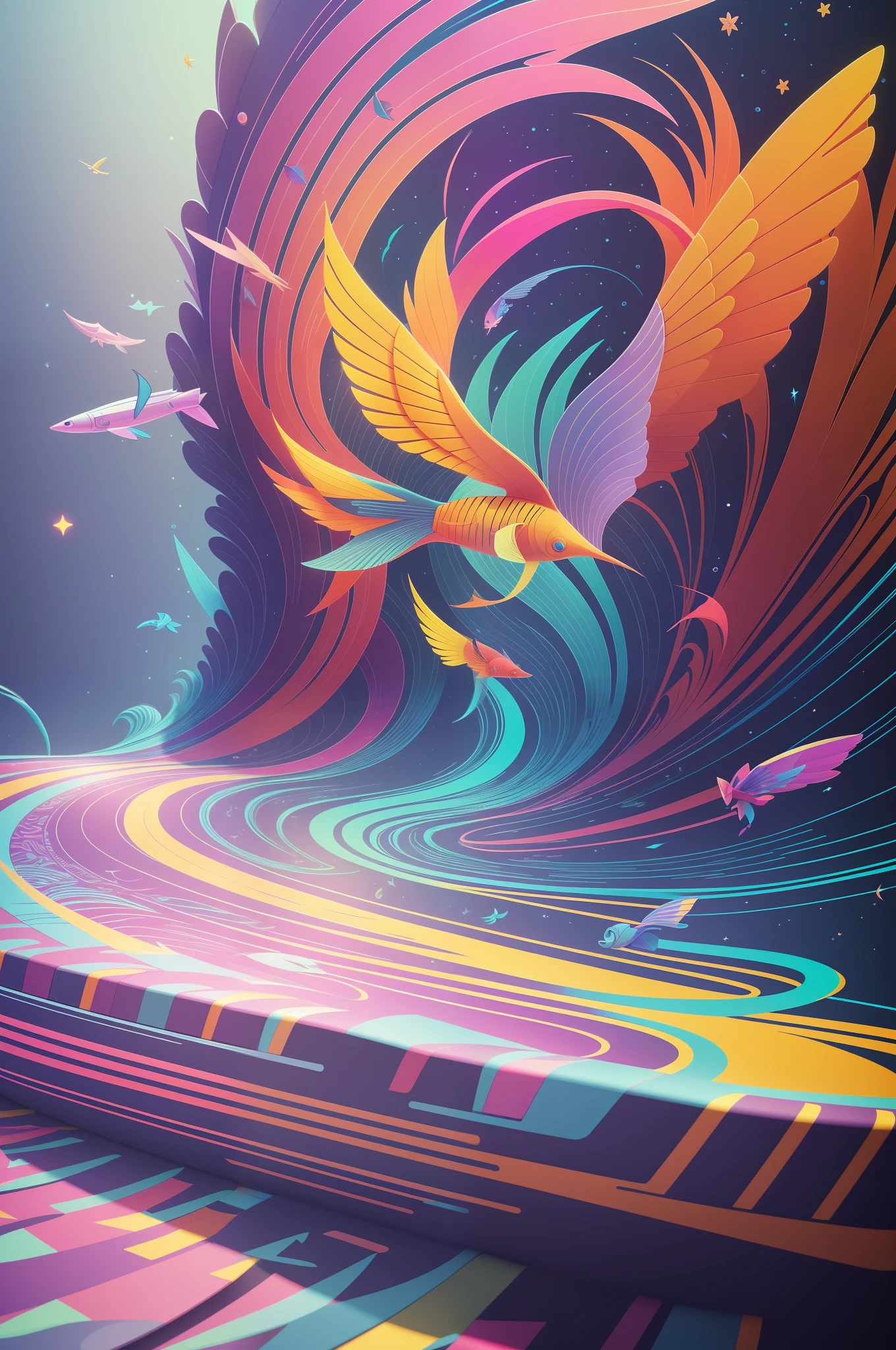 brightly colored fish with wings and a long tail in a wave, beeple and jeremiah ketner, 3 d render beeple, style hybrid mix of beeple, beeple!!, beeple |, beeple artwork, 4k highly detailed digital art, beeple colors, detailed digital 3d art, 3d digital art 4k