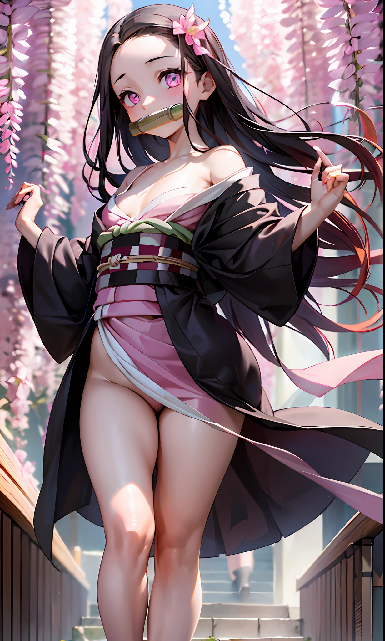 masterpiece, (pink kimono), seductive face, good lighting, décolleté, chest capture, small details, masterpiece, glowing eyes, 1girl, black hair, gag, bamboo, Nezuko Kamado, wisteria background, masterpiece, best quality, POV, whole body, wide hips, naked legs,