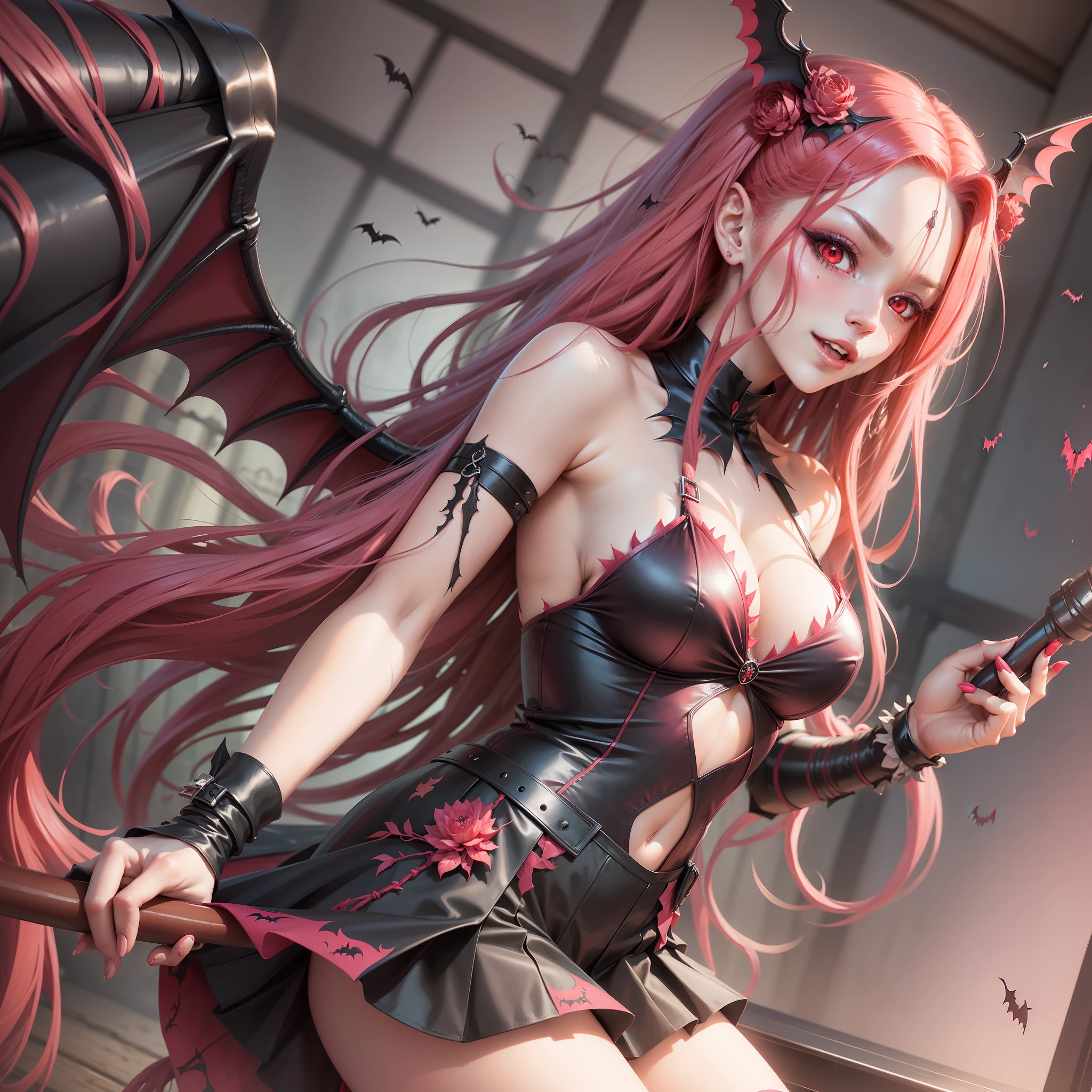 (pretty women whith long red dreadlocks anime demon whith bat wings ), happy flirt face, dynamic flexible , red corsage tugging pulling lifting, skirt slid off pulled down ripped open, red pink color scheme and harmony