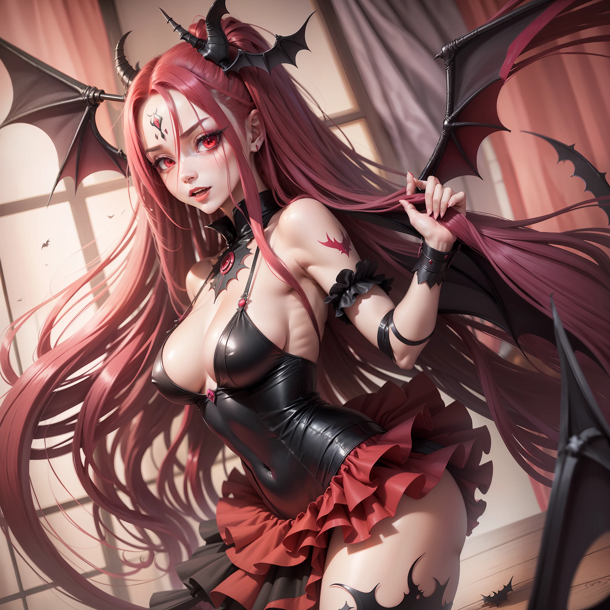 (pretty women whith long red dreadlocks anime demon whith bat wings ), happy flirt face, dynamic flexible ,  red corsage tugging pulling lifting, skirt slid off pulled down ripped open, red pink color scheme and harmony